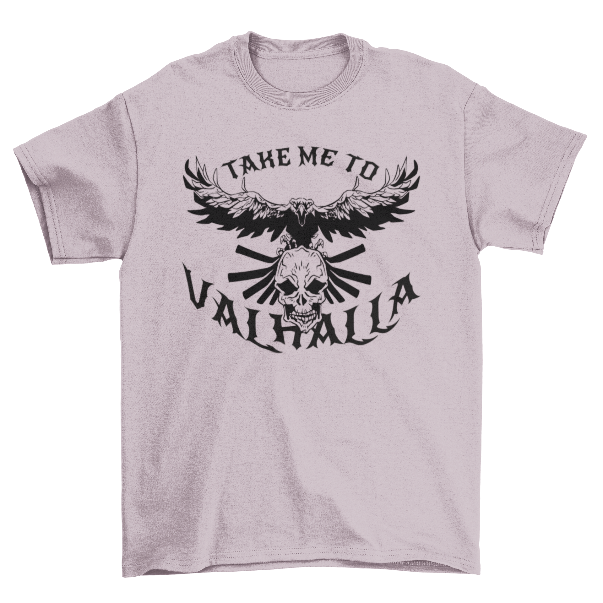 A stylish t-shirt featuring a bird flying over a skull with the quote 'Take me to valhalla', showcasing a unique and edgy design.