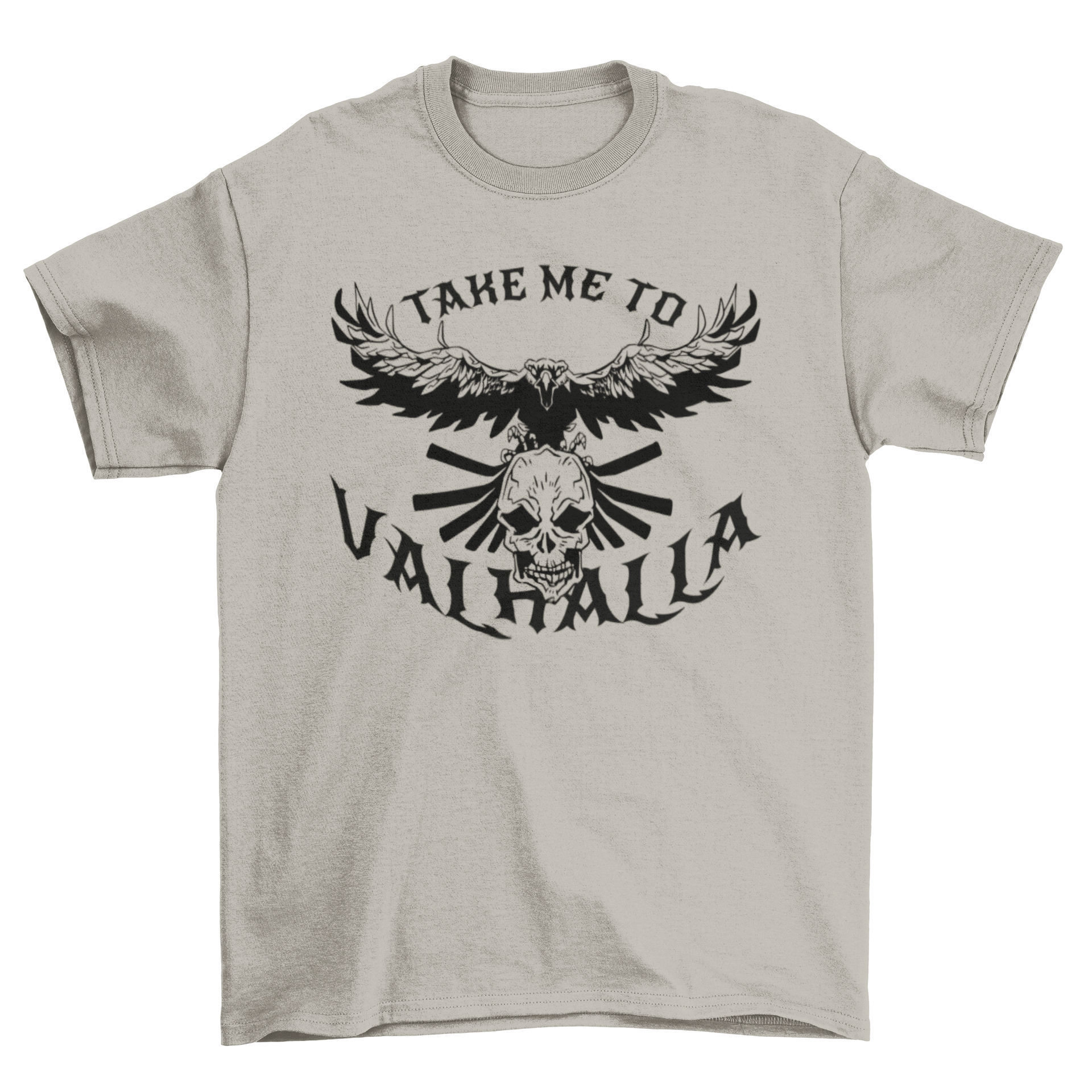 A stylish t-shirt featuring a bird flying over a skull with the quote 'Take me to valhalla', showcasing a unique and edgy design.