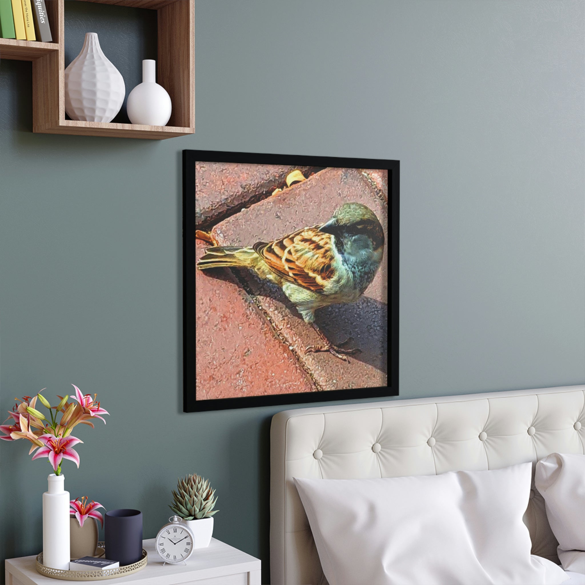 A beautifully framed poster featuring vibrant birds, showcasing a hand-crafted wooden frame and eco-friendly design.