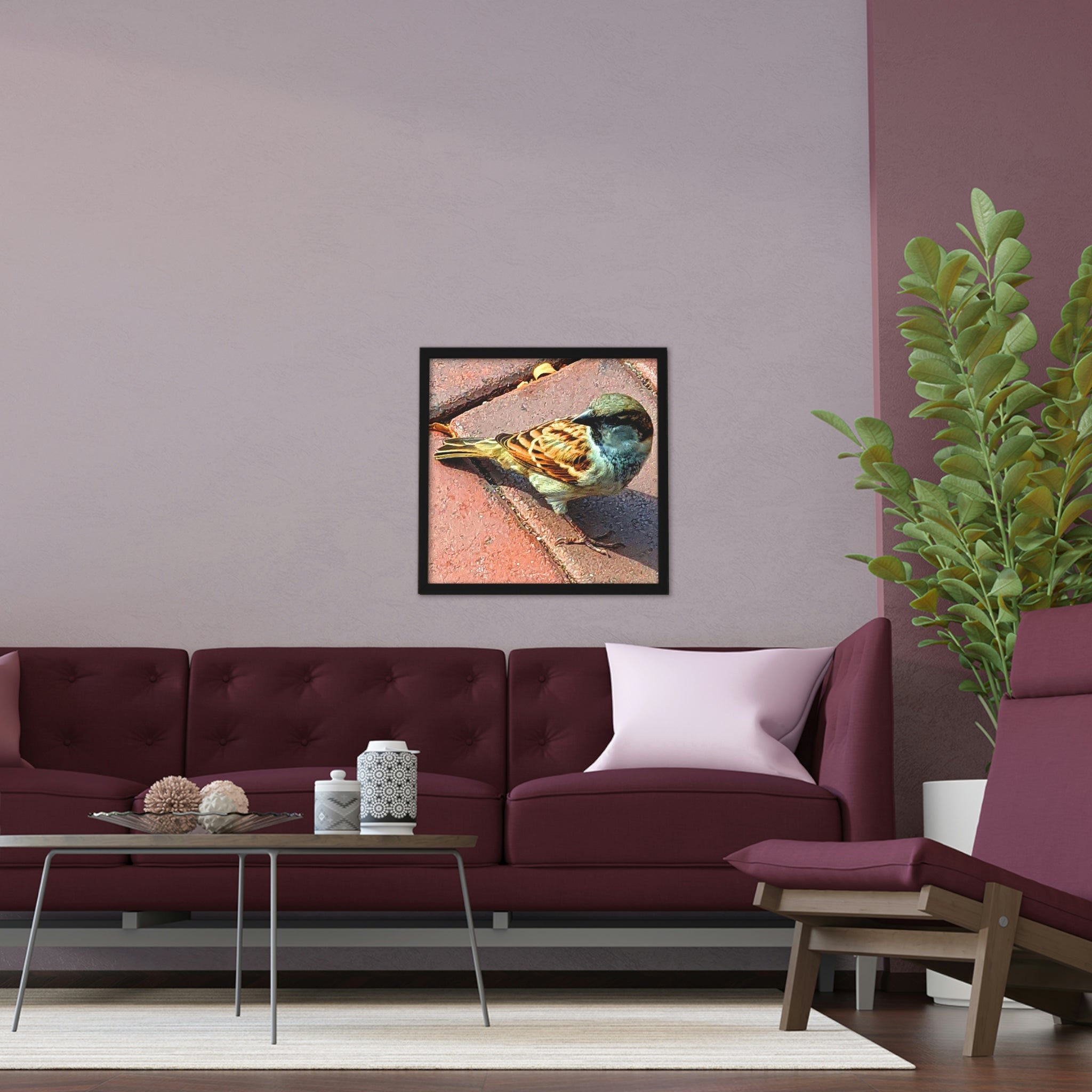 A beautifully framed poster featuring vibrant birds, showcasing a hand-crafted wooden frame and eco-friendly design.