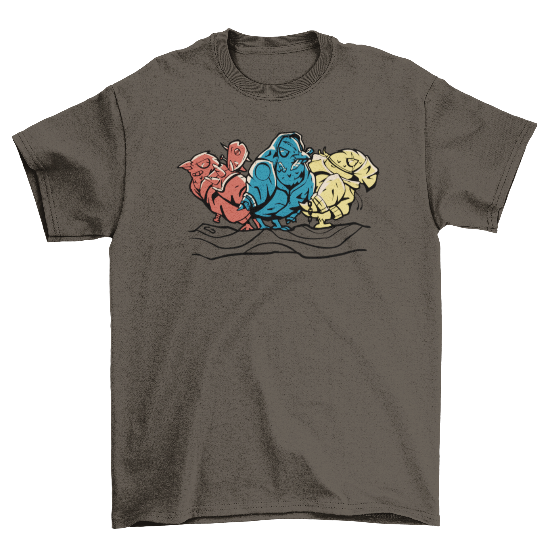 Bird Gang T-shirt featuring three stylized birds in a gang-like design, perfect for casual wear.