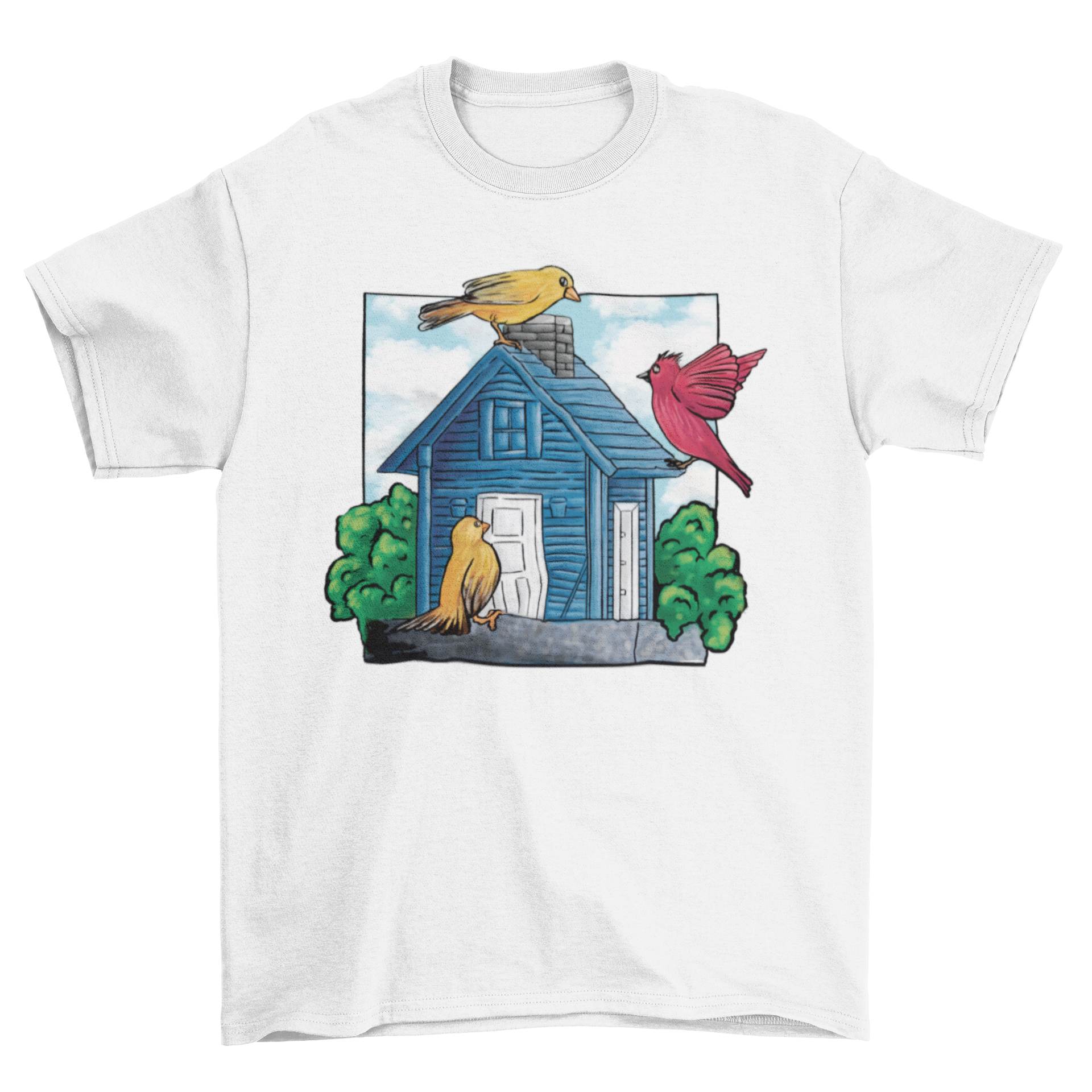 A cute t-shirt featuring three colorful birds around a whimsical bird house design.