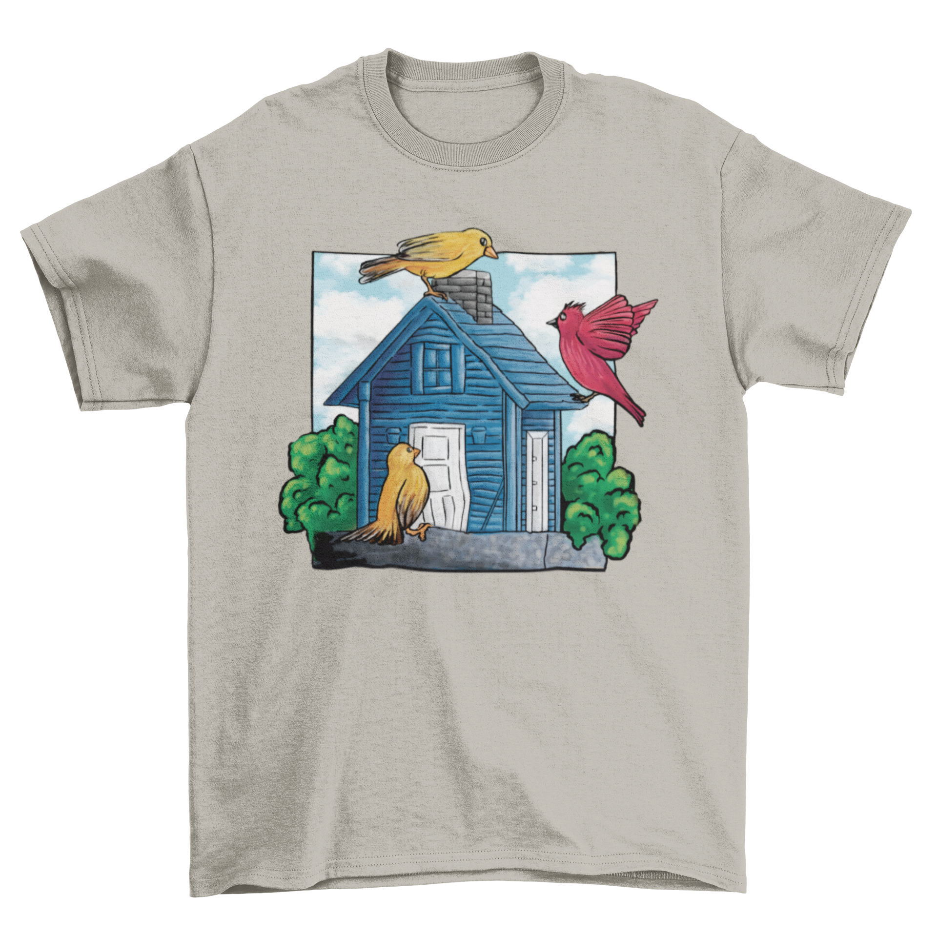 A cute t-shirt featuring three colorful birds around a whimsical bird house design.