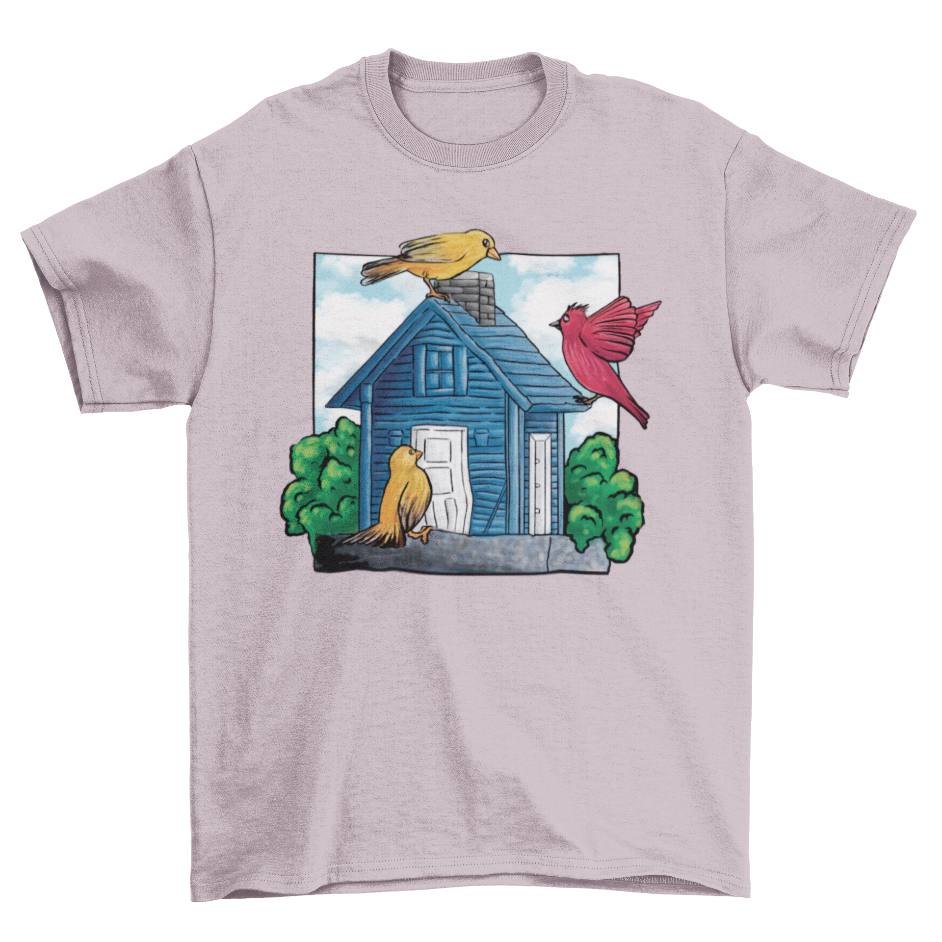 A cute t-shirt featuring three colorful birds around a whimsical bird house design.