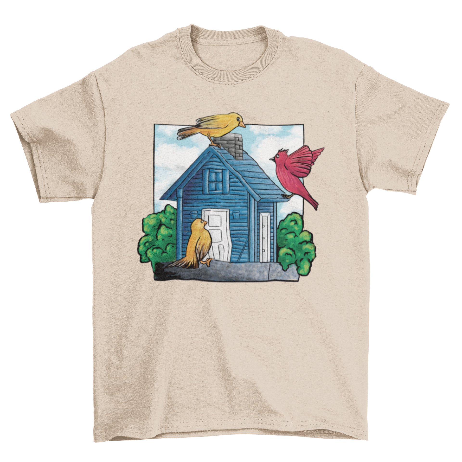 A cute t-shirt featuring three colorful birds around a whimsical bird house design.