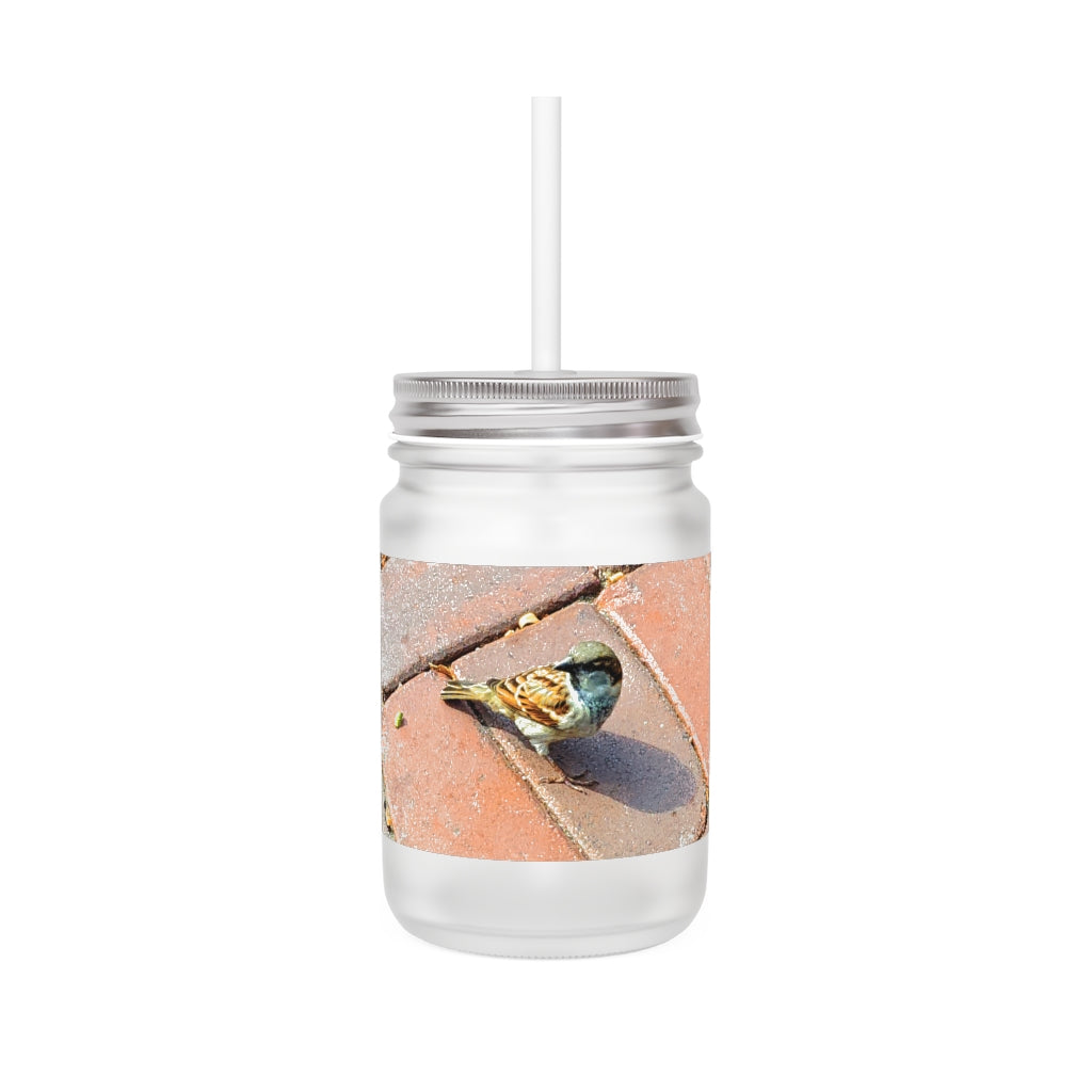 A stylish Bird Mason Jar made of frosted glass, featuring a straw and lid, perfect for personalized drinks.