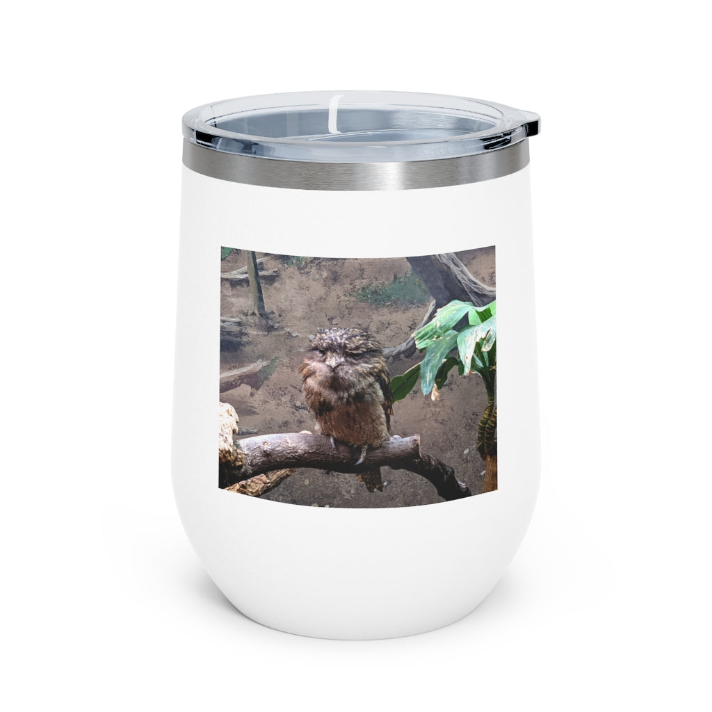 Bird Owl 12oz insulated wine tumbler with a clear lid, showcasing a stylish design perfect for hot and cold beverages.