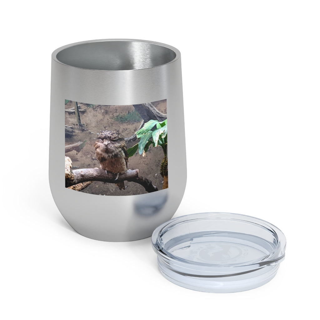 Bird Owl 12oz insulated wine tumbler with a clear lid, showcasing a stylish design perfect for hot and cold beverages.