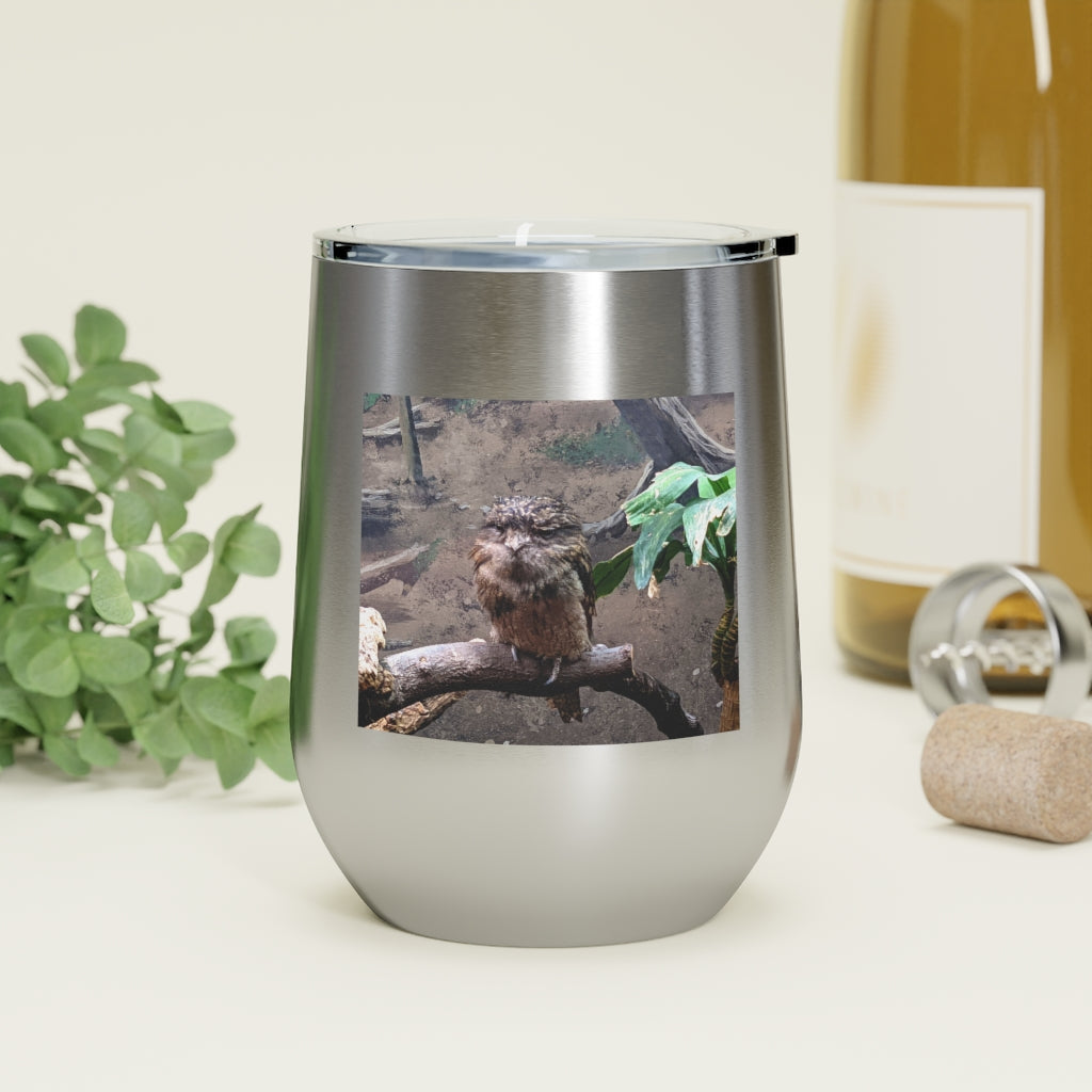 Bird Owl 12oz insulated wine tumbler with a clear lid, showcasing a stylish design perfect for hot and cold beverages.