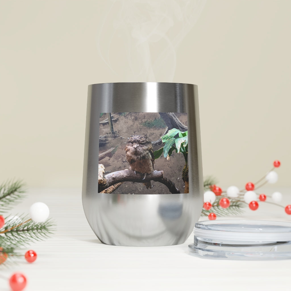 Bird Owl 12oz insulated wine tumbler with a clear lid, showcasing a stylish design perfect for hot and cold beverages.