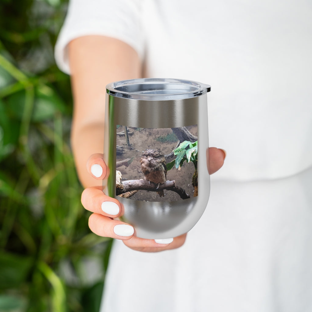 Bird Owl 12oz insulated wine tumbler with a clear lid, showcasing a stylish design perfect for hot and cold beverages.