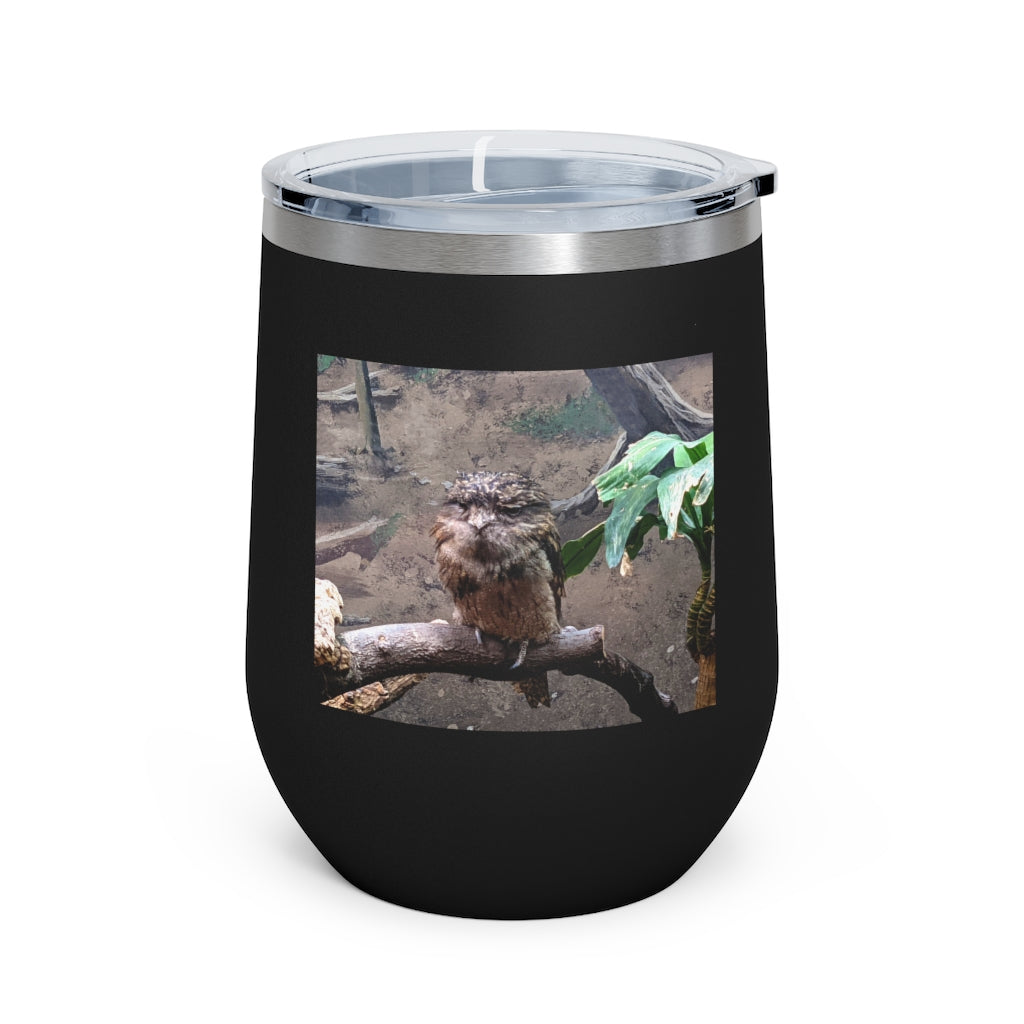 Bird Owl 12oz insulated wine tumbler with a clear lid, showcasing a stylish design perfect for hot and cold beverages.