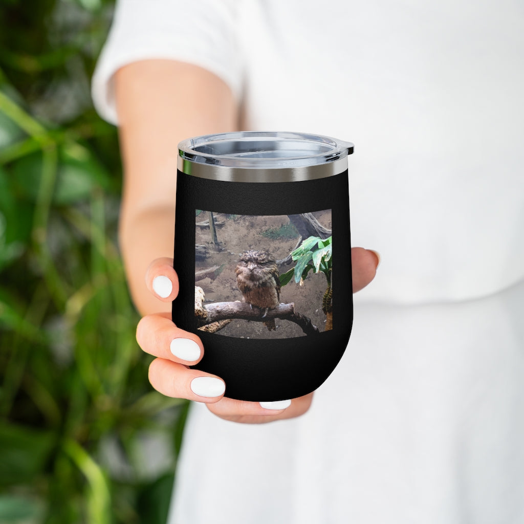 Bird Owl 12oz insulated wine tumbler with a clear lid, showcasing a stylish design perfect for hot and cold beverages.