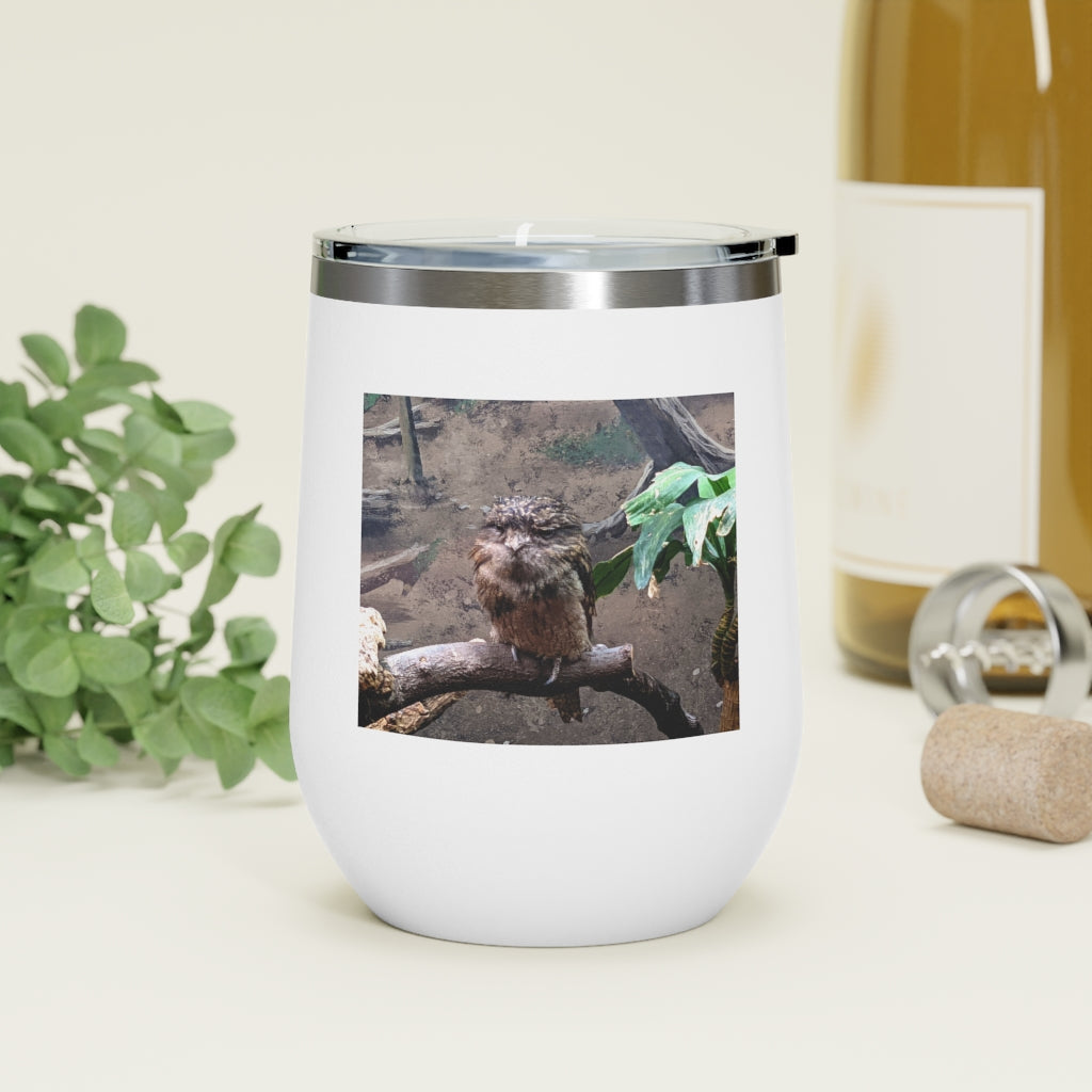 Bird Owl 12oz insulated wine tumbler with a clear lid, showcasing a stylish design perfect for hot and cold beverages.