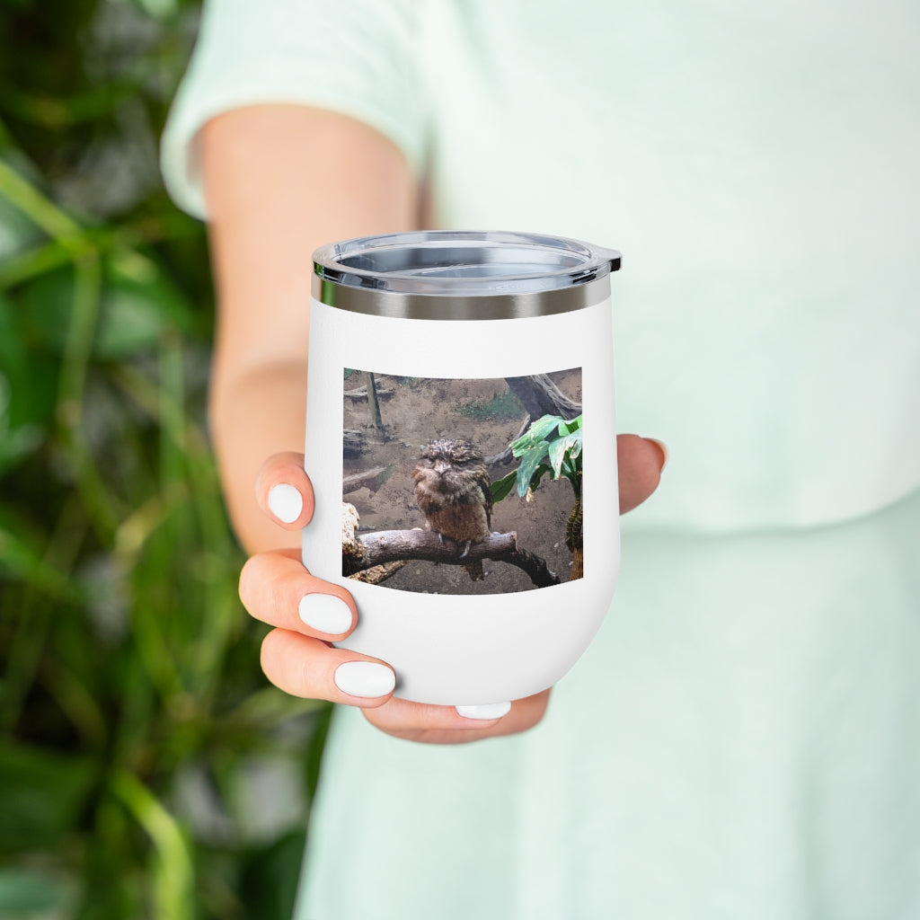 Bird Owl 12oz insulated wine tumbler with a clear lid, showcasing a stylish design perfect for hot and cold beverages.