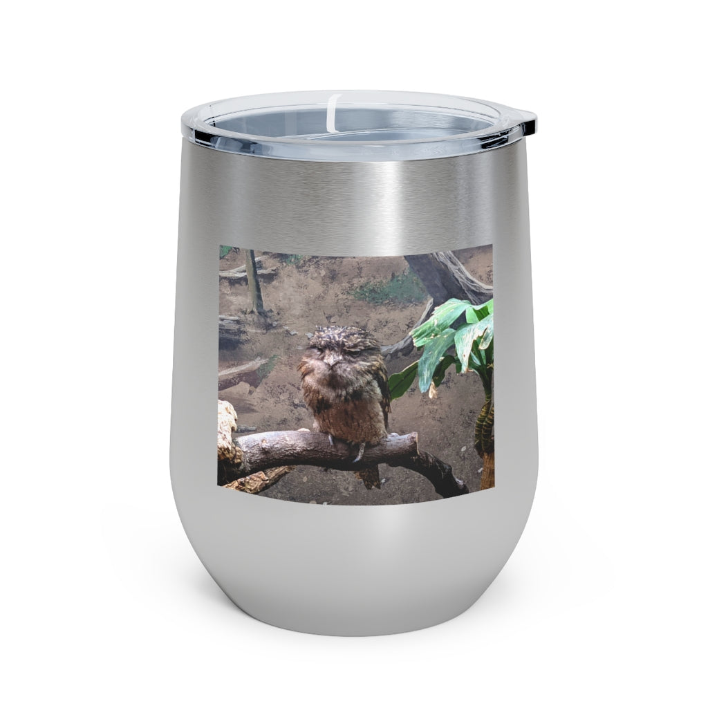 Bird Owl 12oz insulated wine tumbler with a clear lid, showcasing a stylish design perfect for hot and cold beverages.