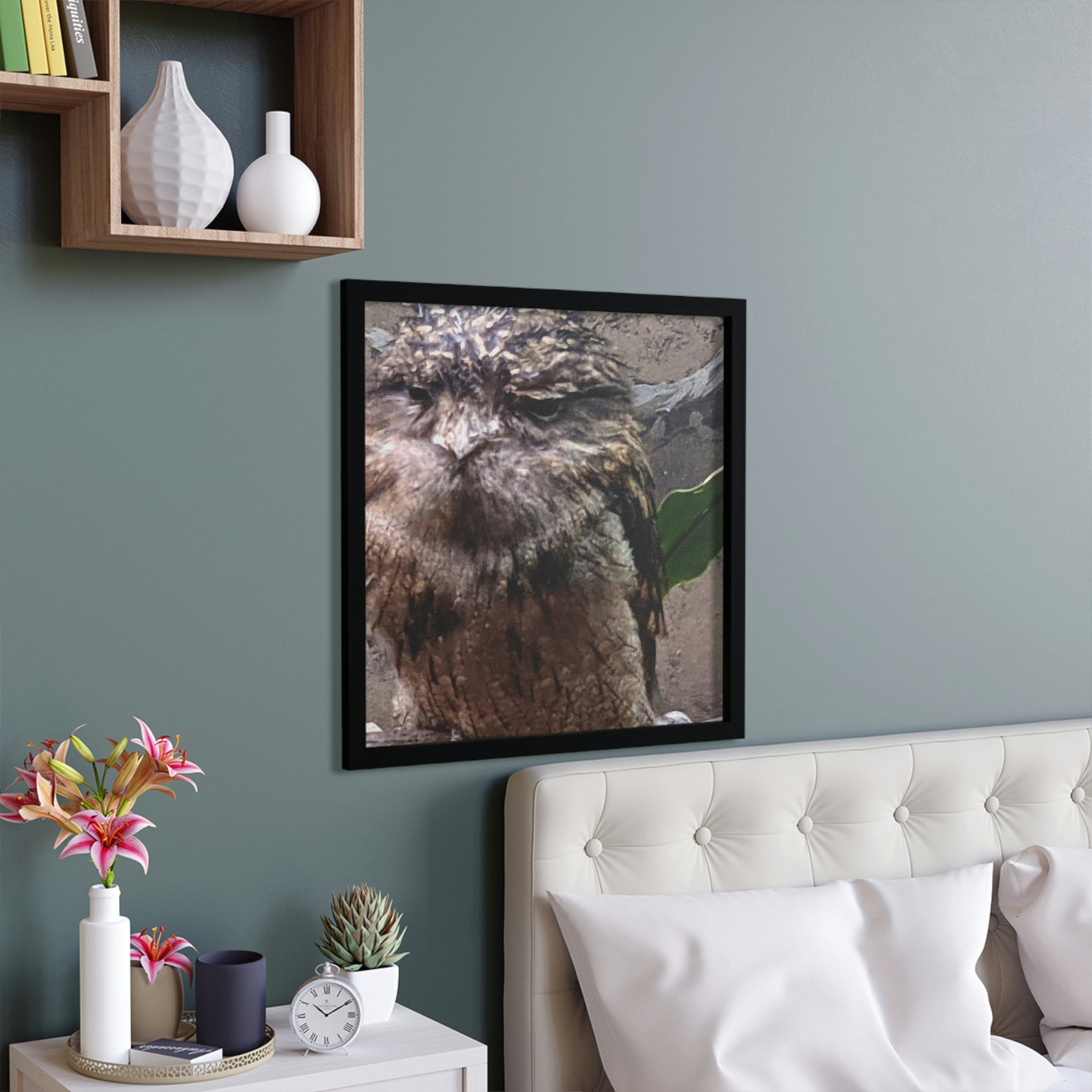 A beautifully framed poster of a majestic owl, showcasing intricate details and vibrant colors, set in a hand-crafted wooden frame.