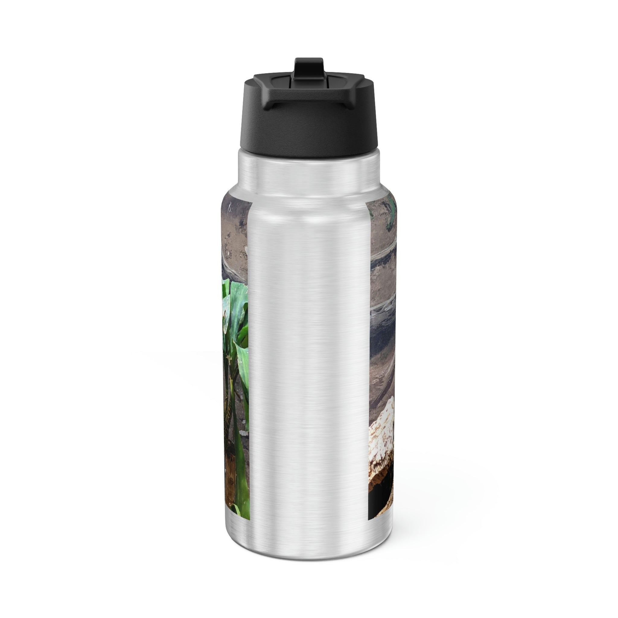 Bird Owl Gator Tumbler, 32oz stainless steel with black cap and straw, customizable design.