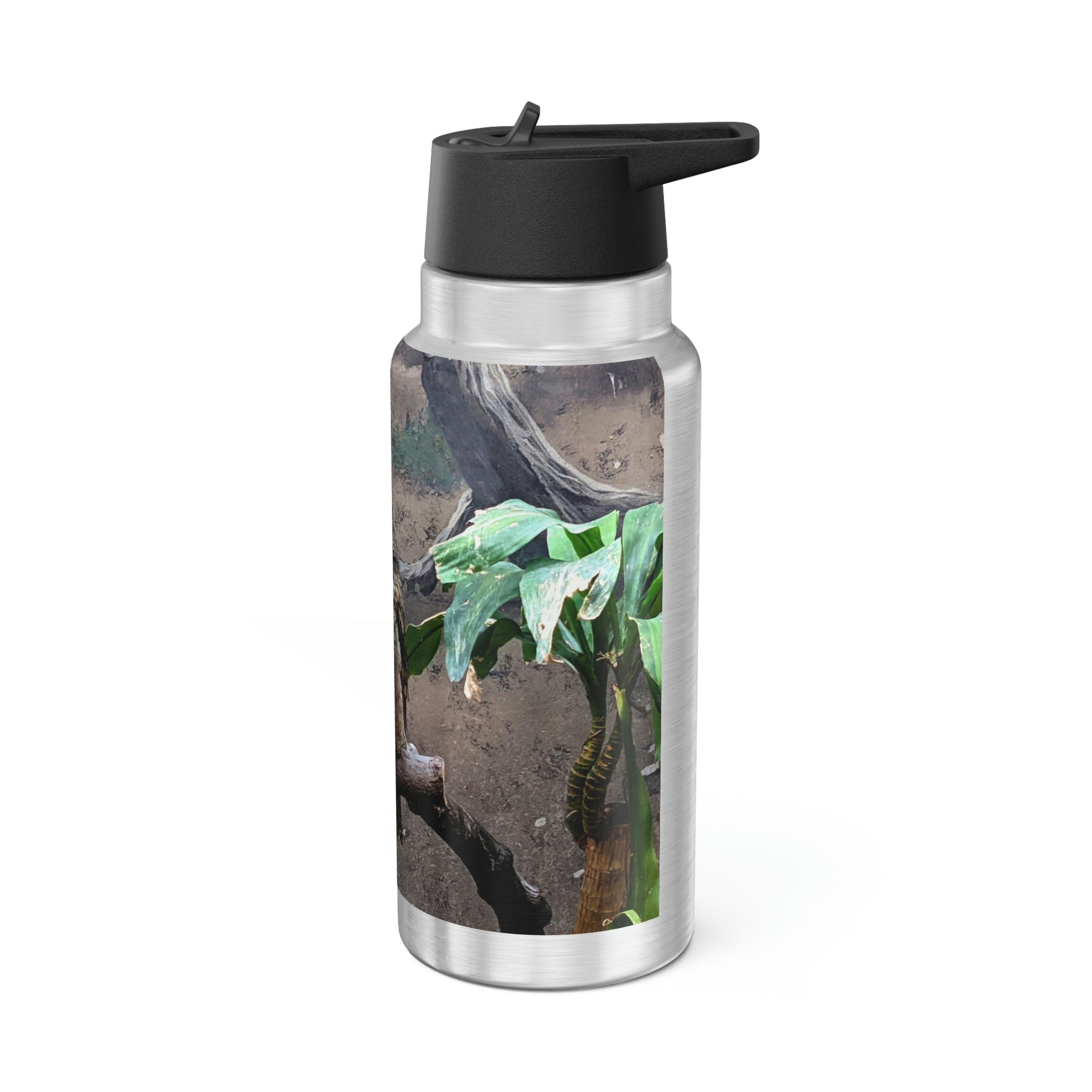 Bird Owl Gator Tumbler, 32oz stainless steel with black cap and straw, customizable design.