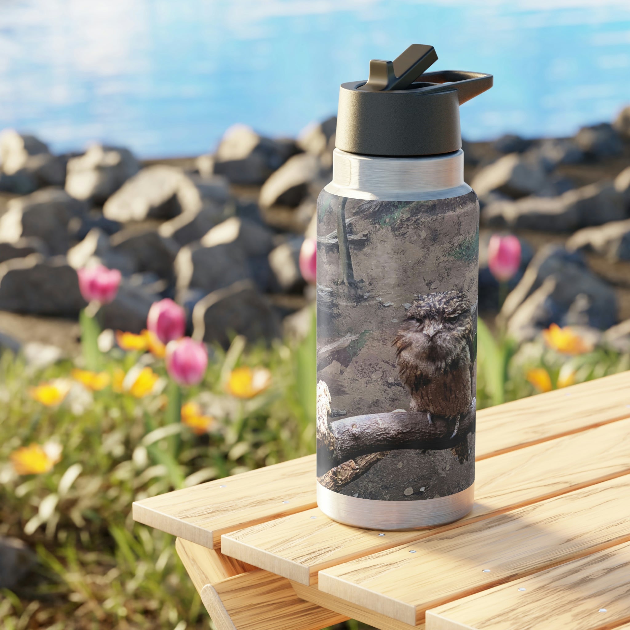 Bird Owl Gator Tumbler, 32oz stainless steel with black cap and straw, customizable design.