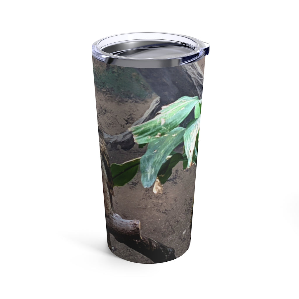 Bird Owl Tumbler 20oz made of stainless steel with a whimsical owl design and a see-thru plastic lid.