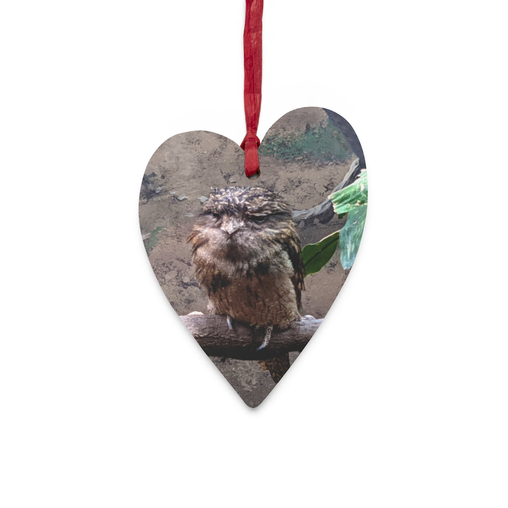 A collection of Bird Owl Wooden Christmas Ornaments featuring whimsical designs, solid wood construction, and red ribbons for hanging.