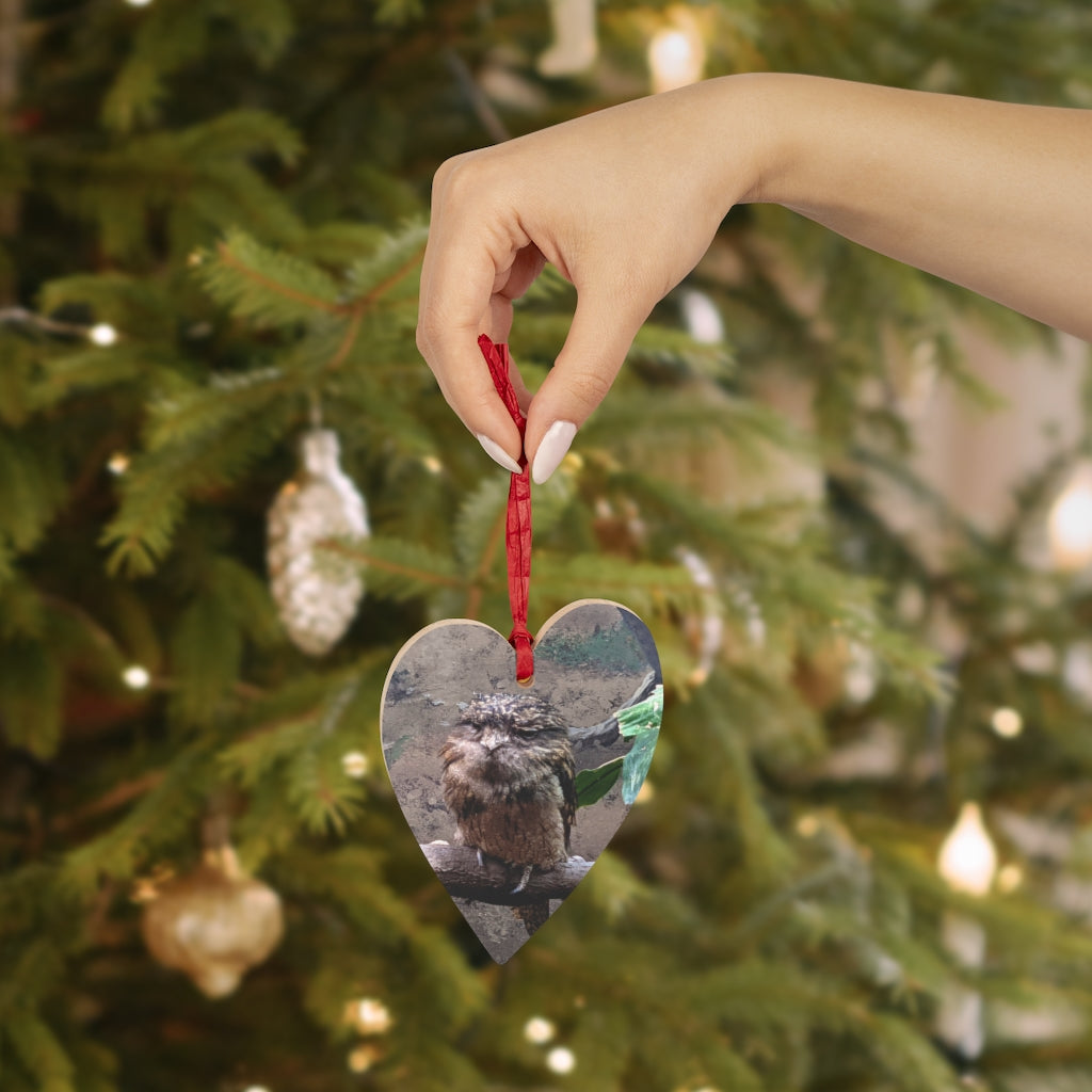 A collection of Bird Owl Wooden Christmas Ornaments featuring whimsical designs, solid wood construction, and red ribbons for hanging.