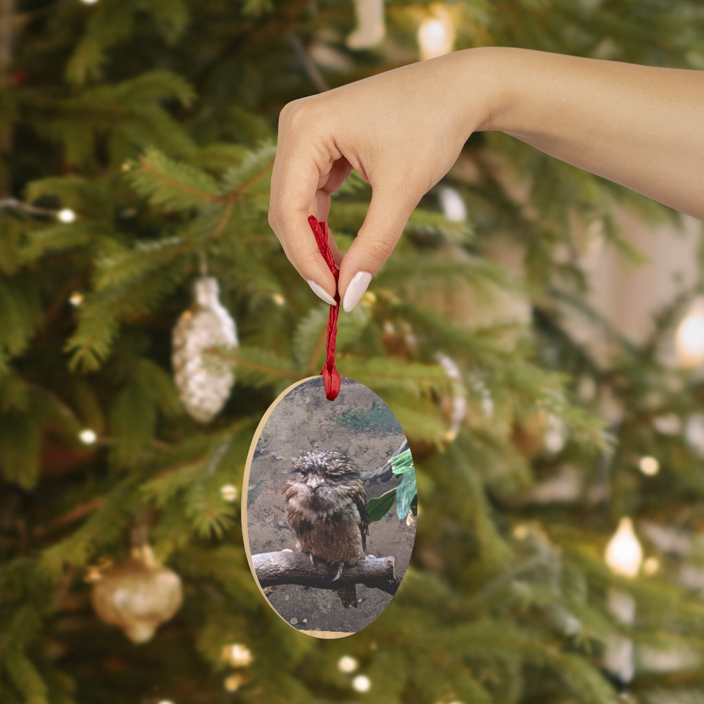 A collection of Bird Owl Wooden Christmas Ornaments featuring whimsical designs, solid wood construction, and red ribbons for hanging.