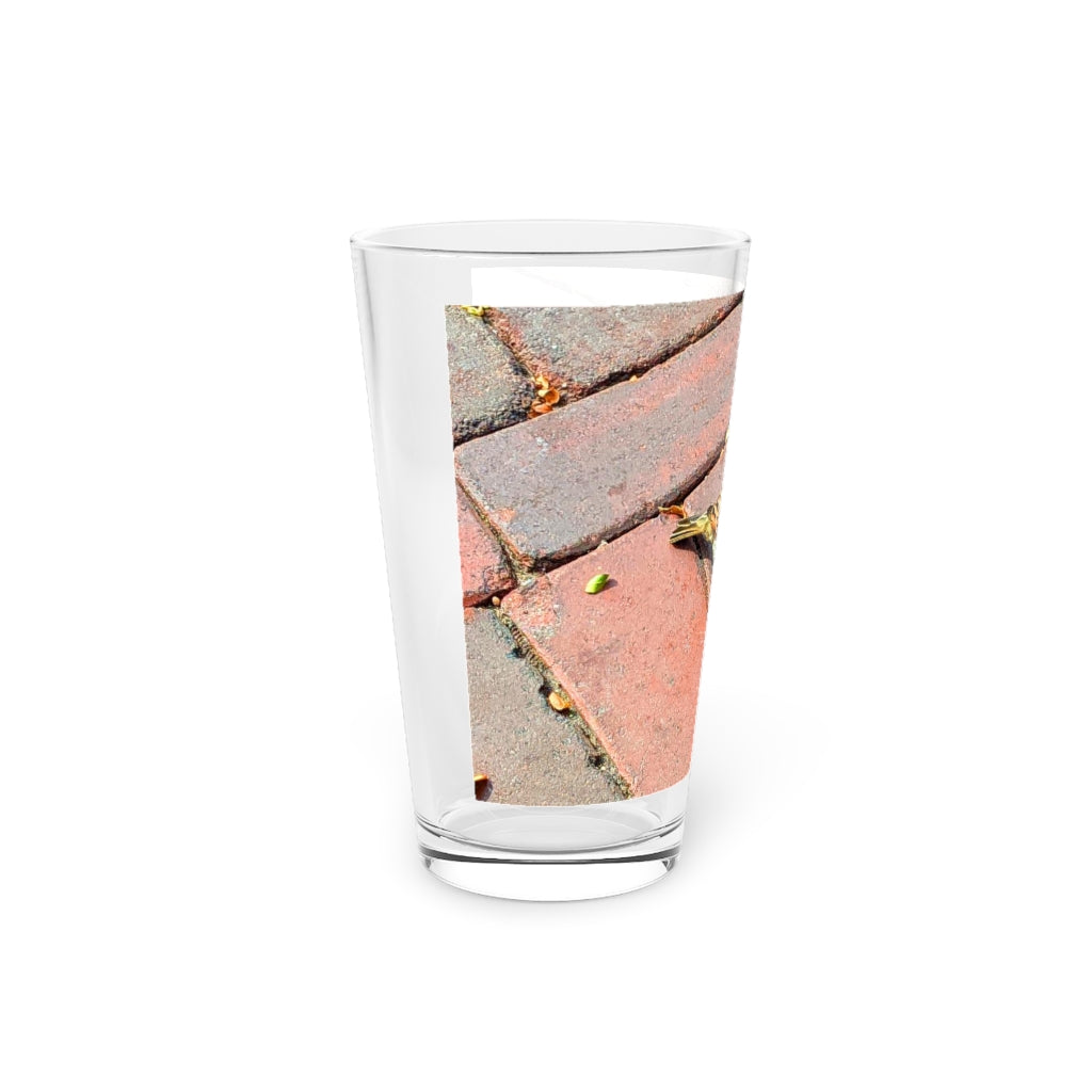 A clear 16oz Bird Pint Glass showcasing a custom printed design, perfect for beverages.