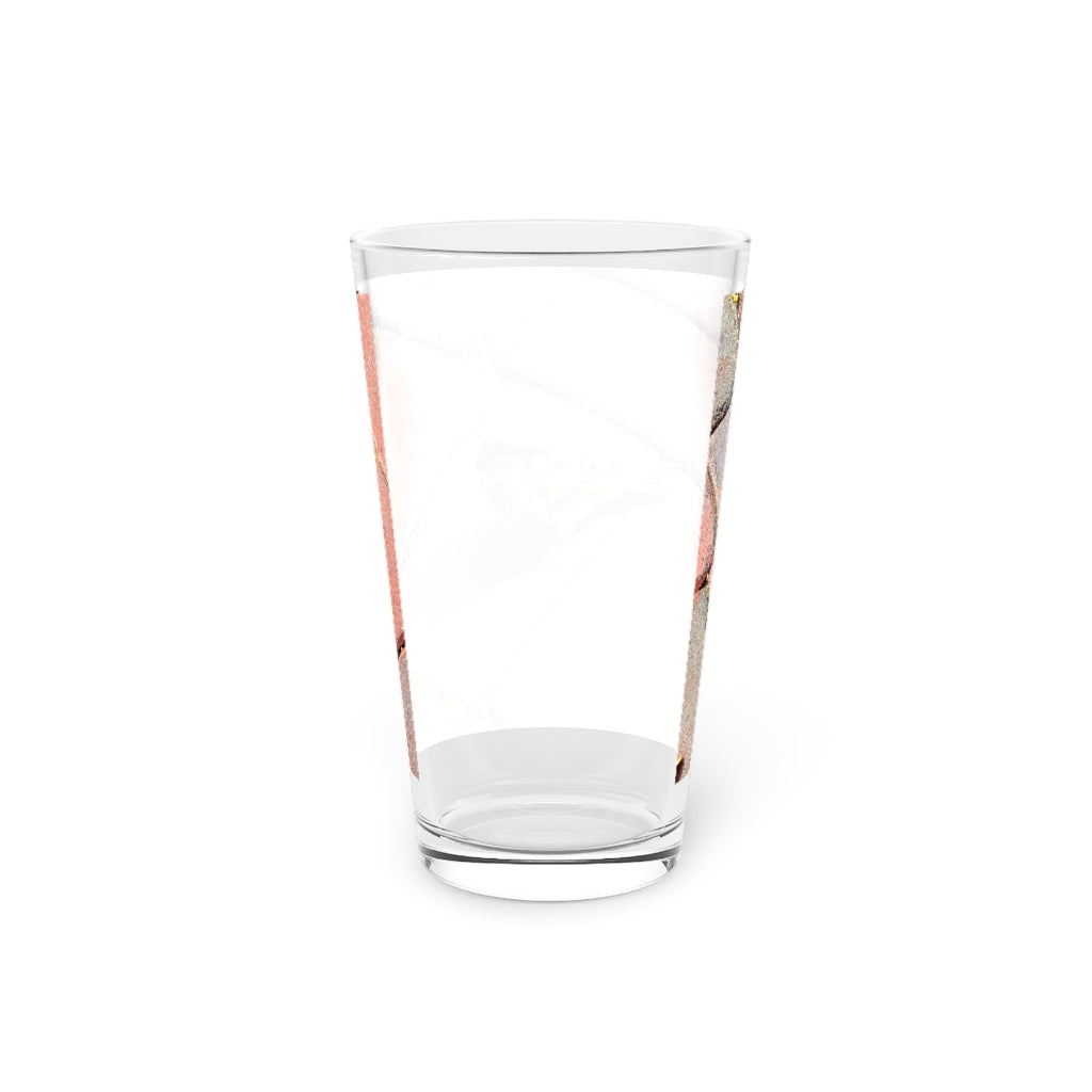 A clear 16oz Bird Pint Glass showcasing a custom printed design, perfect for beverages.