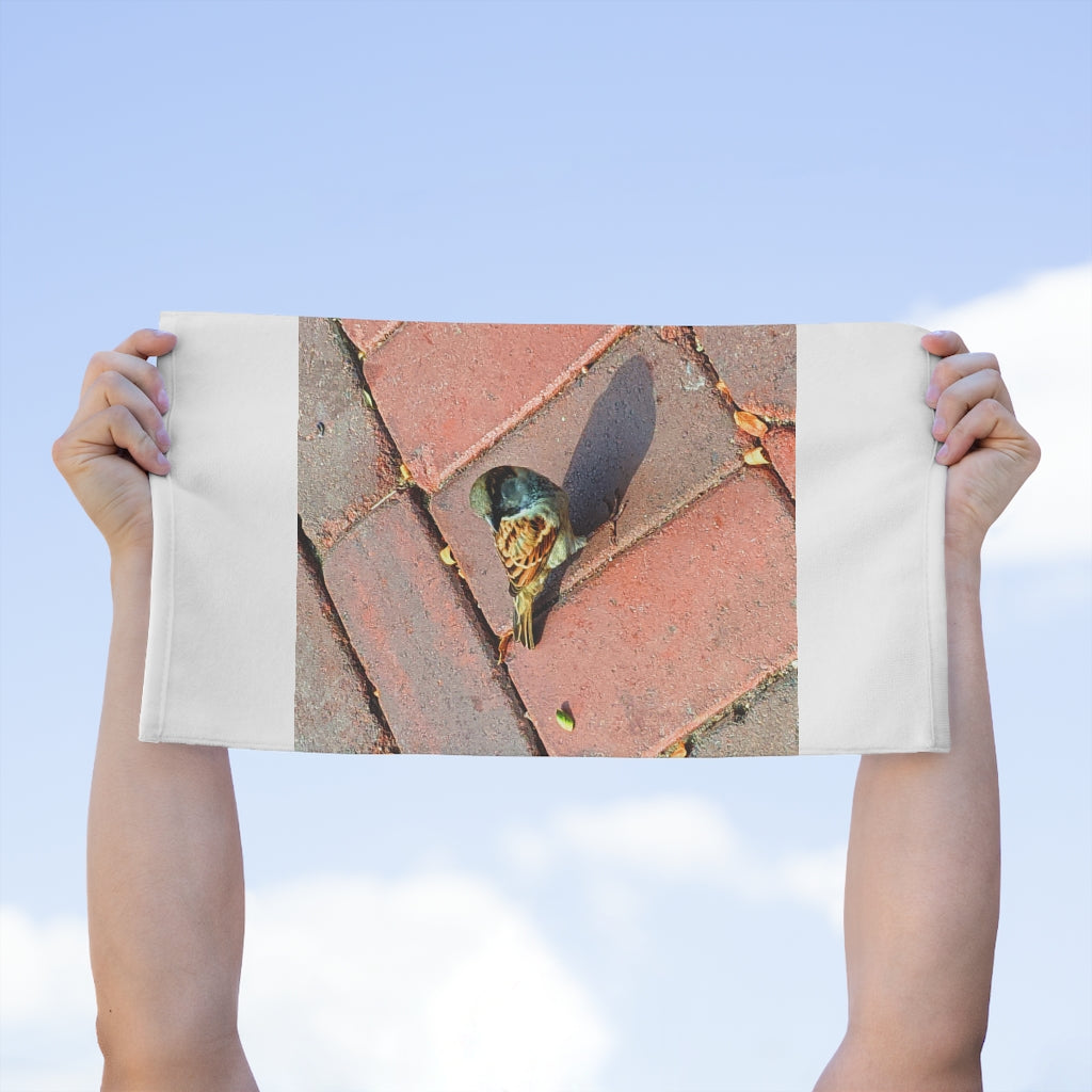 Bird Rally Towel measuring 11x18 inches, featuring a soft cotton back and printed mink polyester front, ideal for personalization.