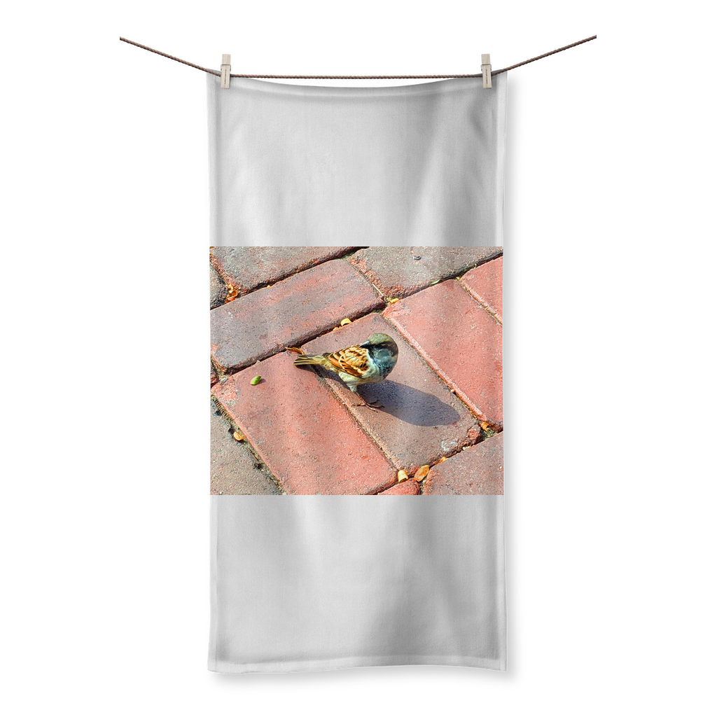 Bird Sublimation All Over Towel showcasing vibrant prints on one side and soft cotton backing on the other, available in various sizes.