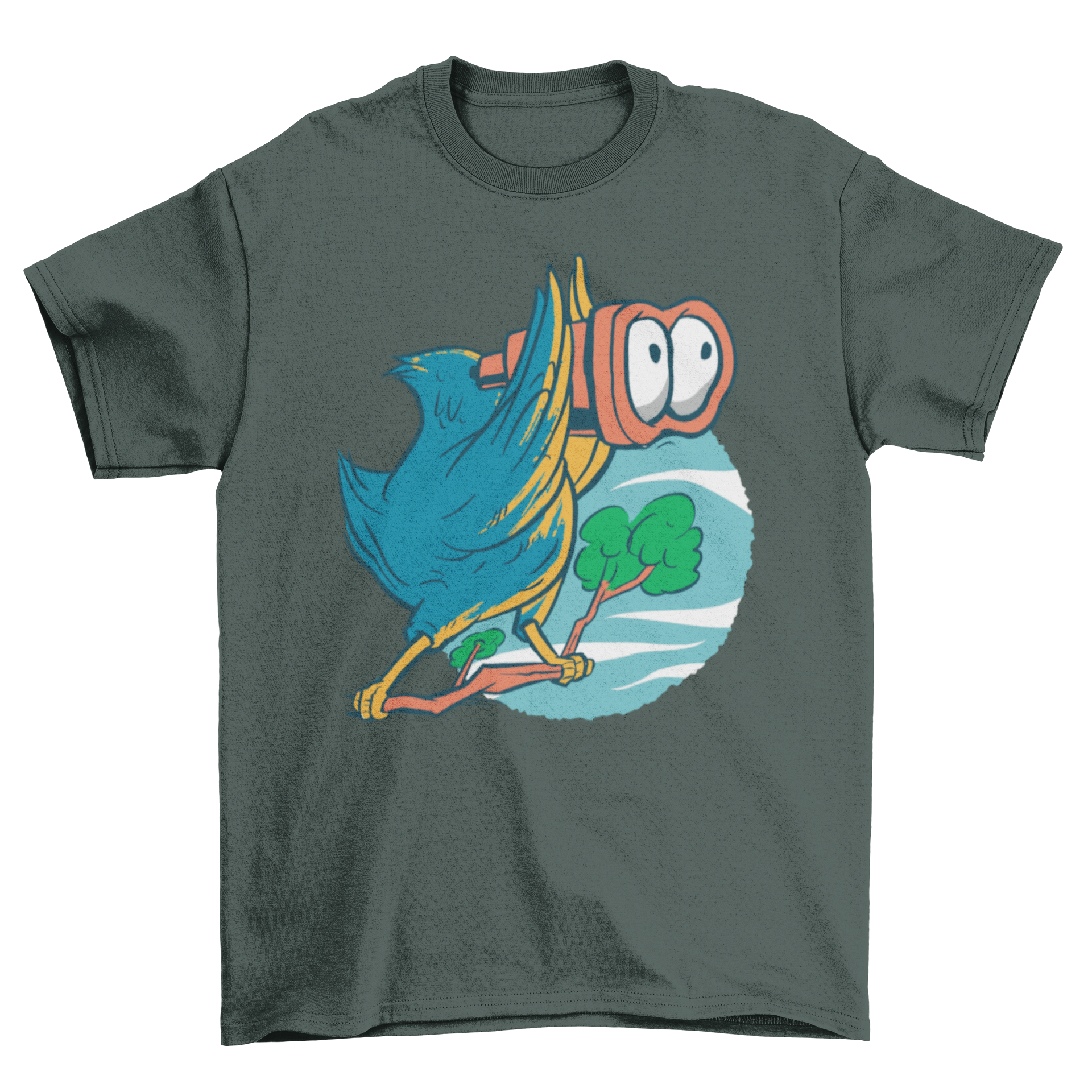 A humorous t-shirt featuring a bird using binoculars, showcasing a playful design for bird lovers.