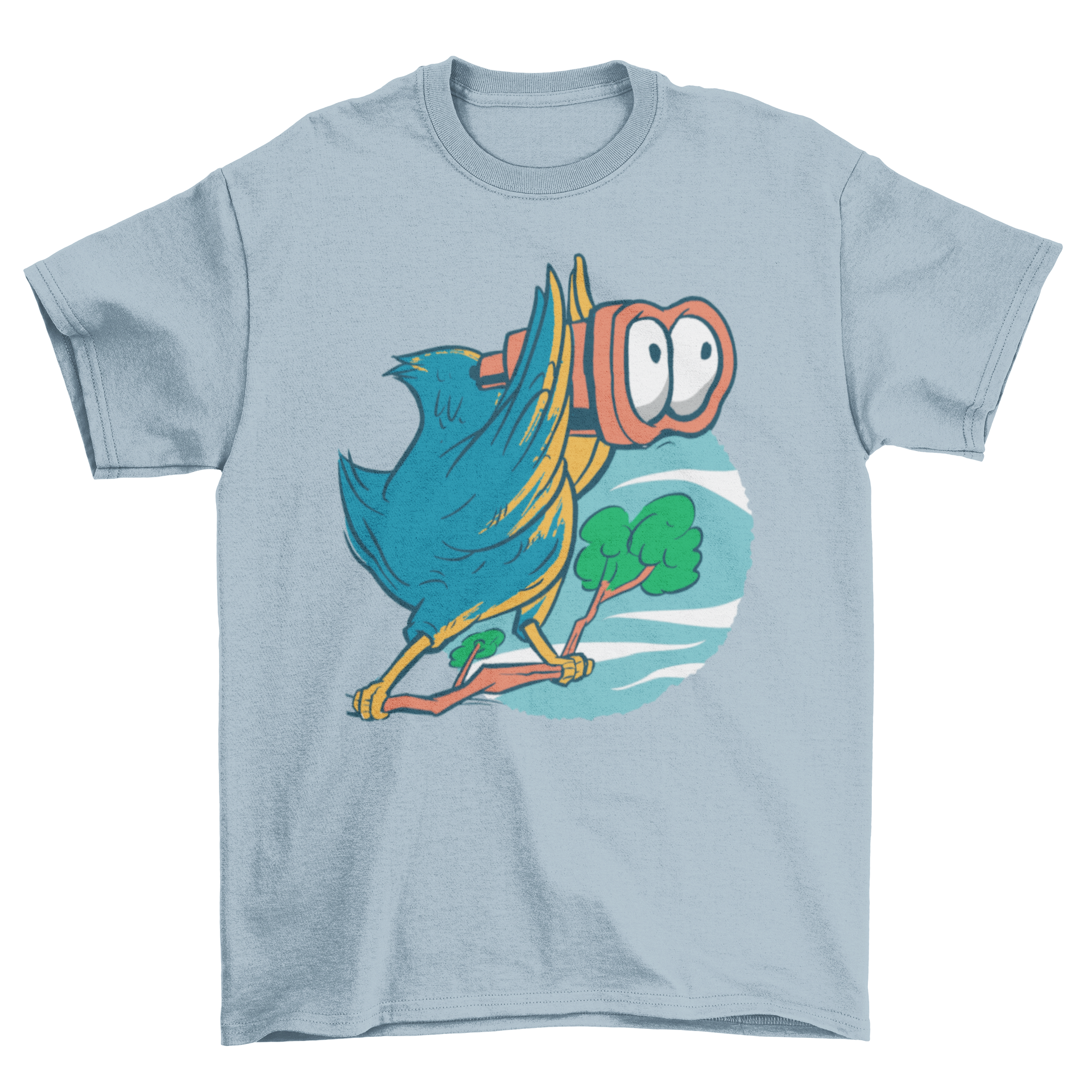 A humorous t-shirt featuring a bird using binoculars, showcasing a playful design for bird lovers.