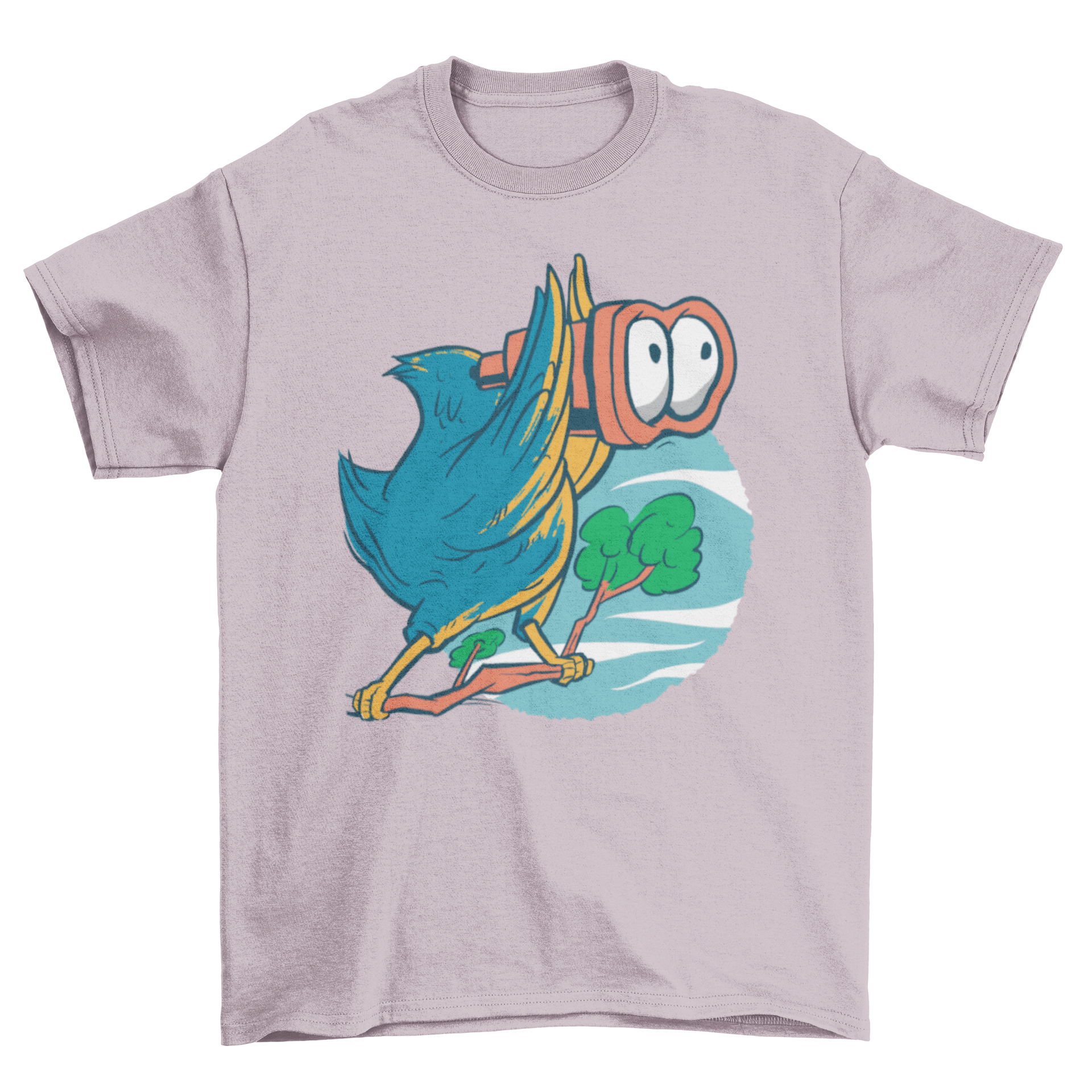 A humorous t-shirt featuring a bird using binoculars, showcasing a playful design for bird lovers.