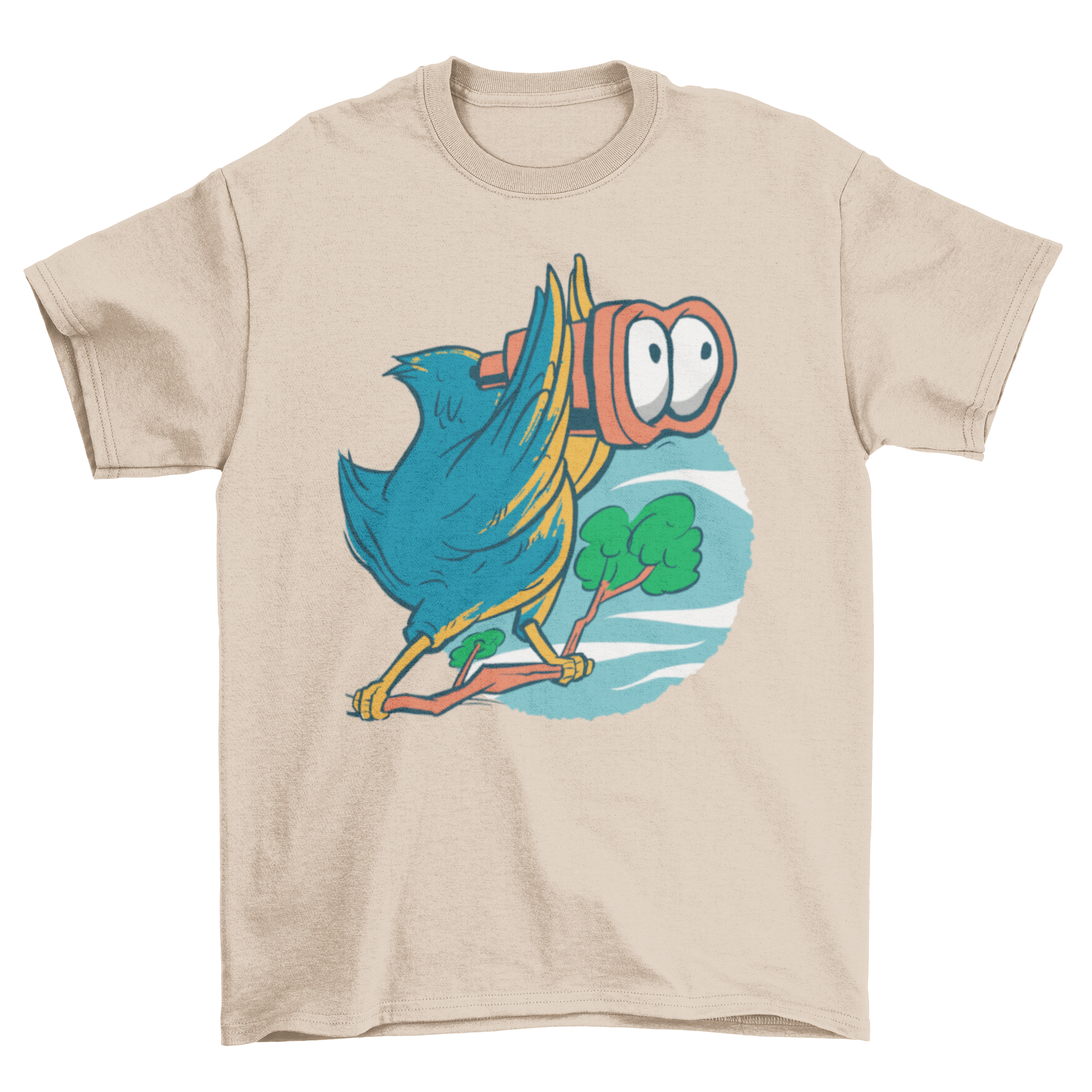 A humorous t-shirt featuring a bird using binoculars, showcasing a playful design for bird lovers.