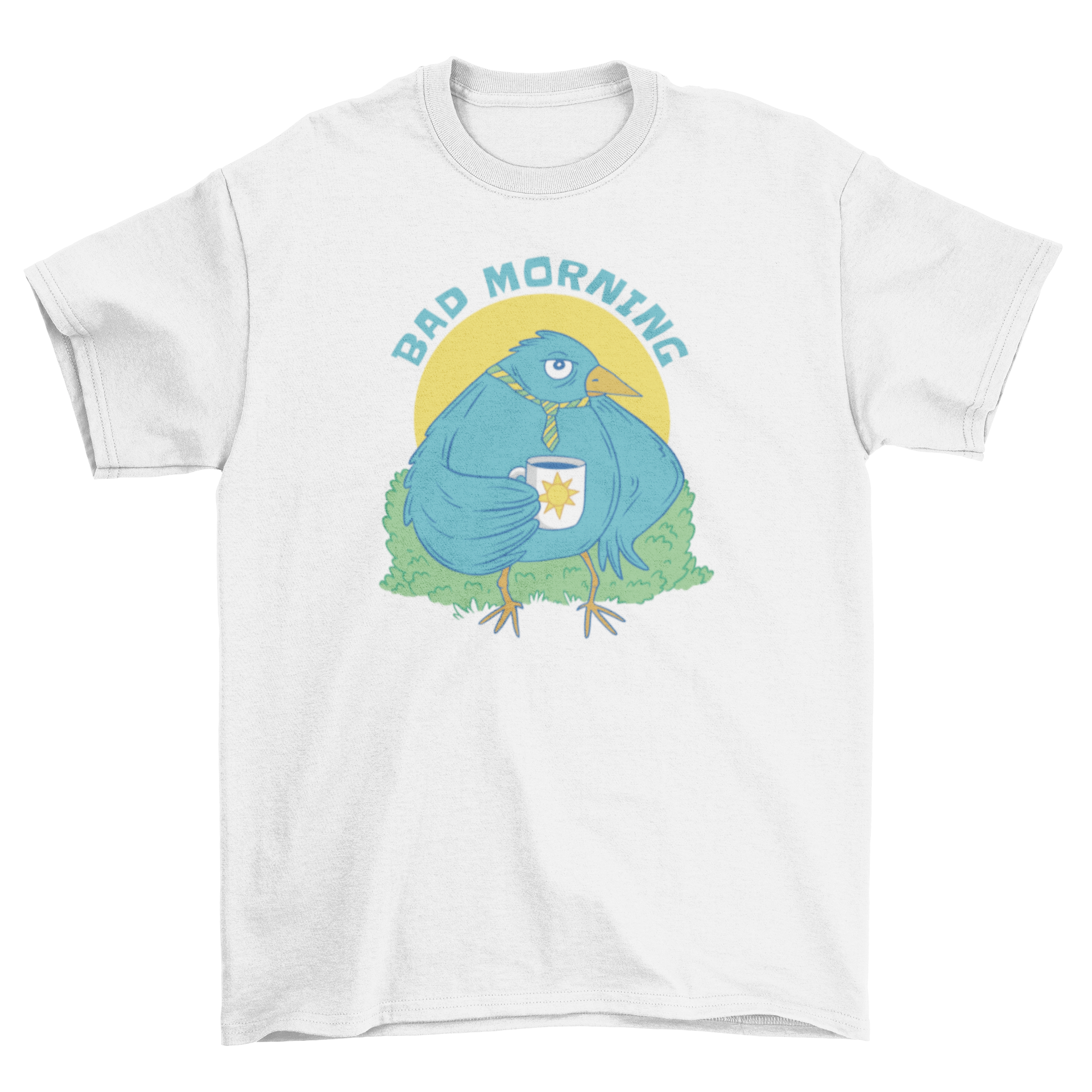 A stylish t-shirt featuring a cute bird holding a coffee mug with the quote 'Bad morning' printed on it.