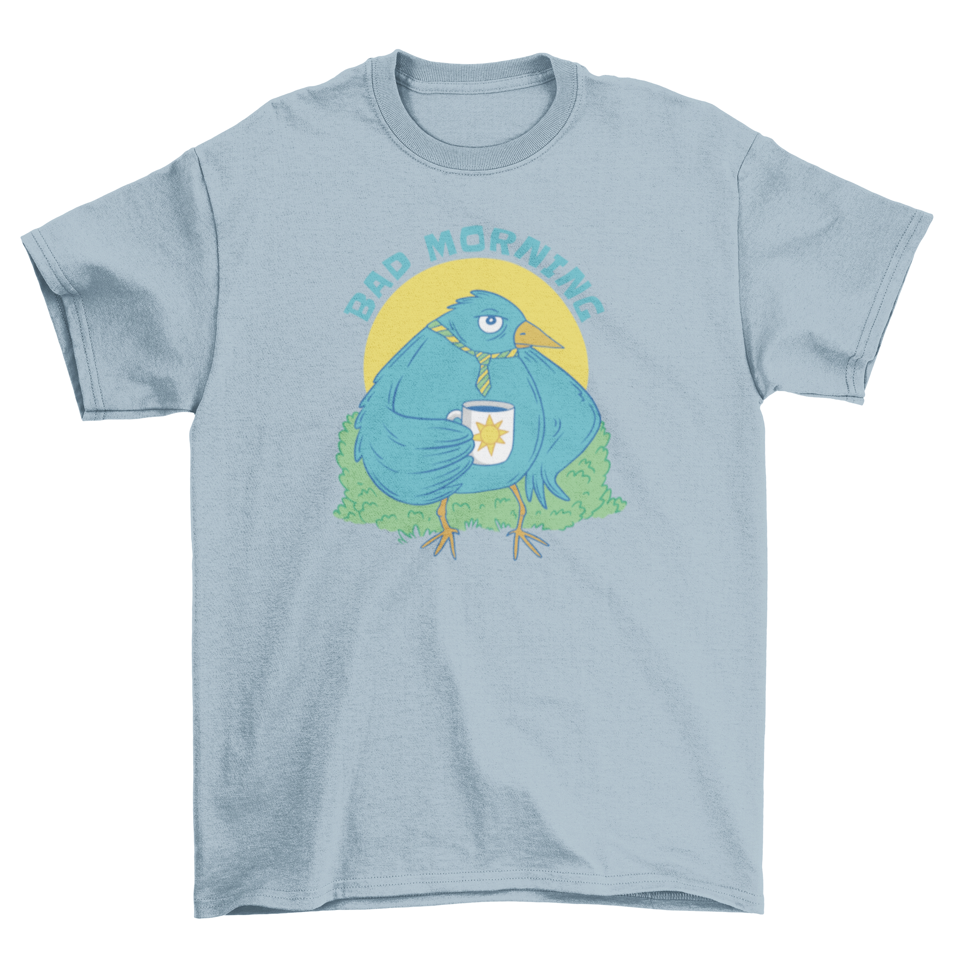 A stylish t-shirt featuring a cute bird holding a coffee mug with the quote 'Bad morning' printed on it.