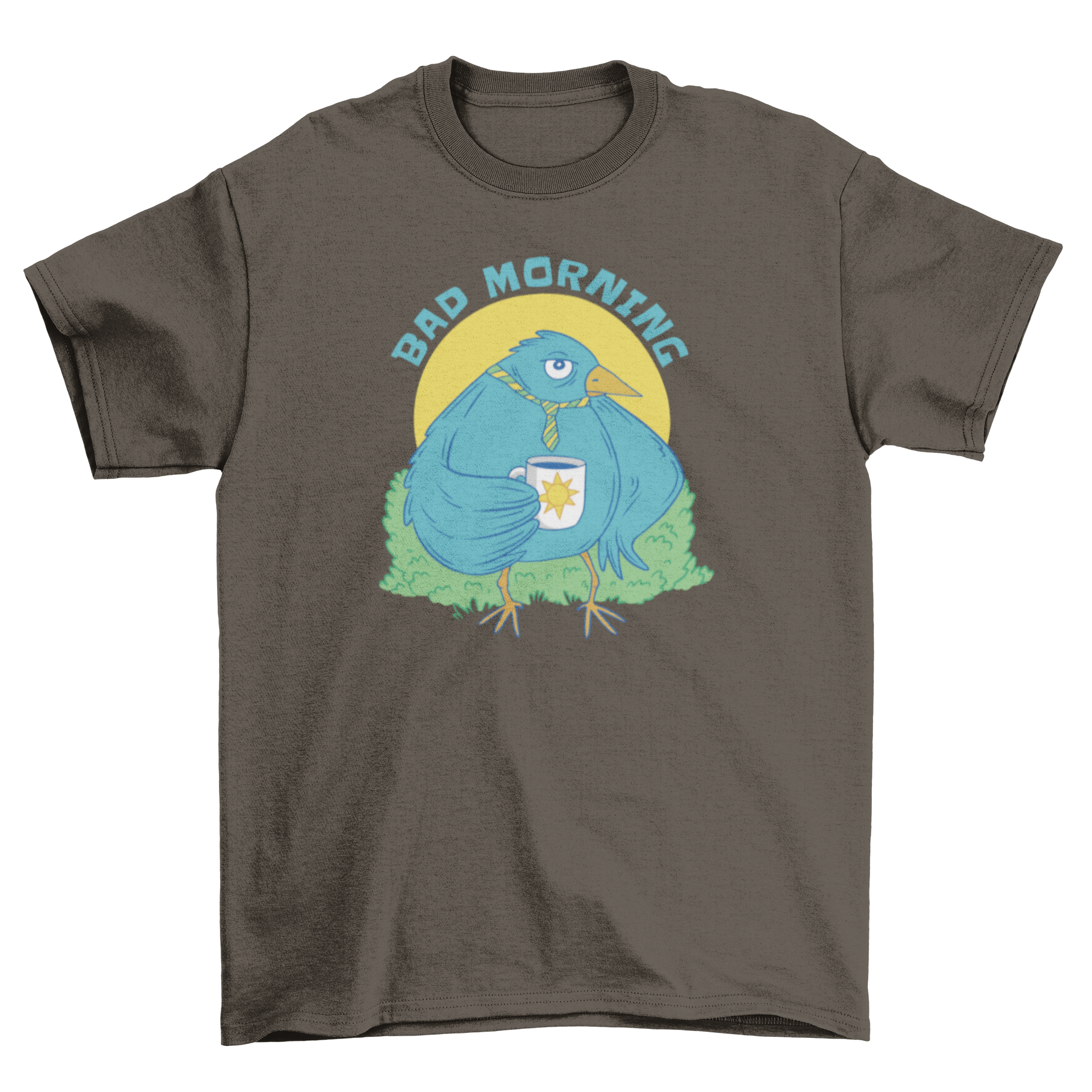 A stylish t-shirt featuring a cute bird holding a coffee mug with the quote 'Bad morning' printed on it.