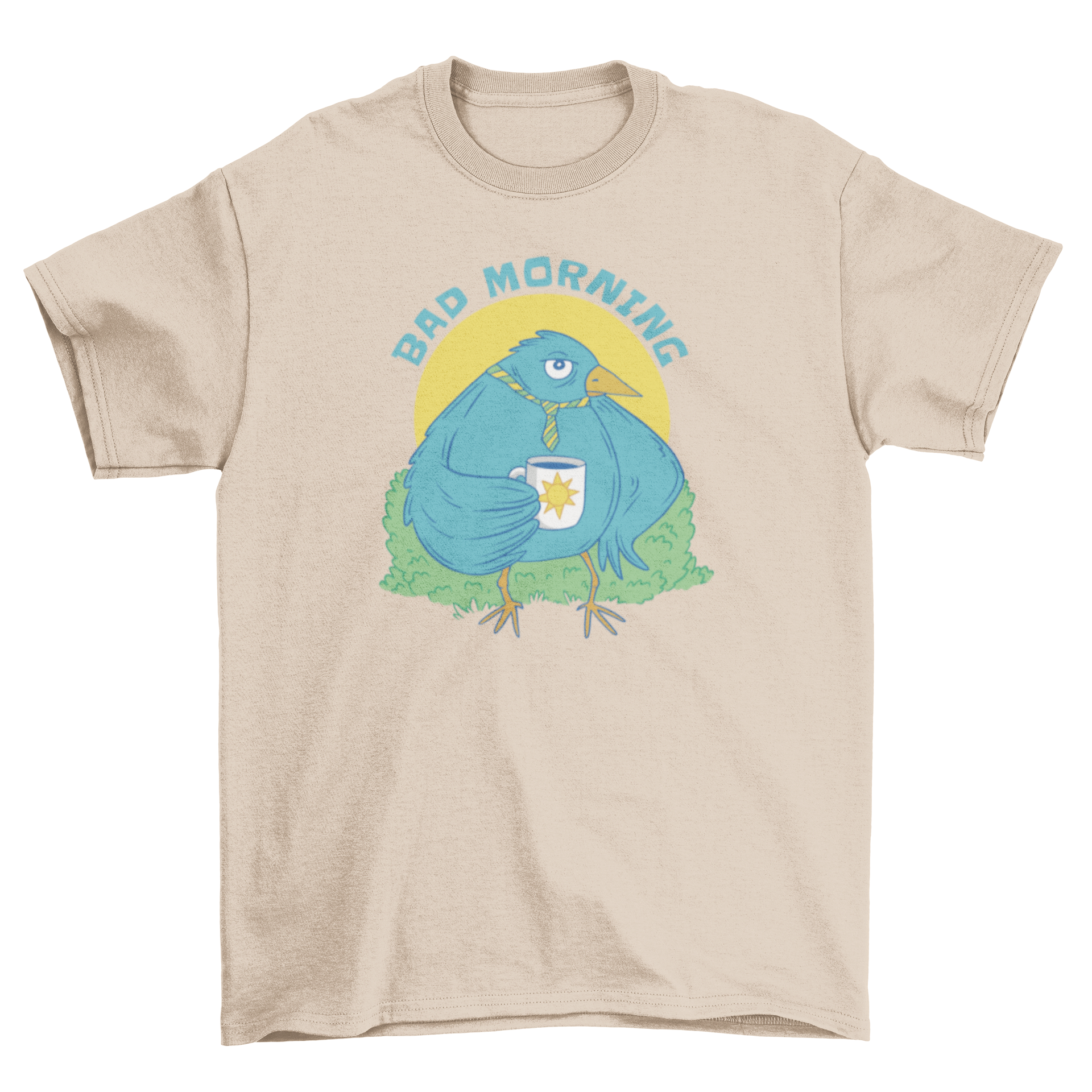 A stylish t-shirt featuring a cute bird holding a coffee mug with the quote 'Bad morning' printed on it.