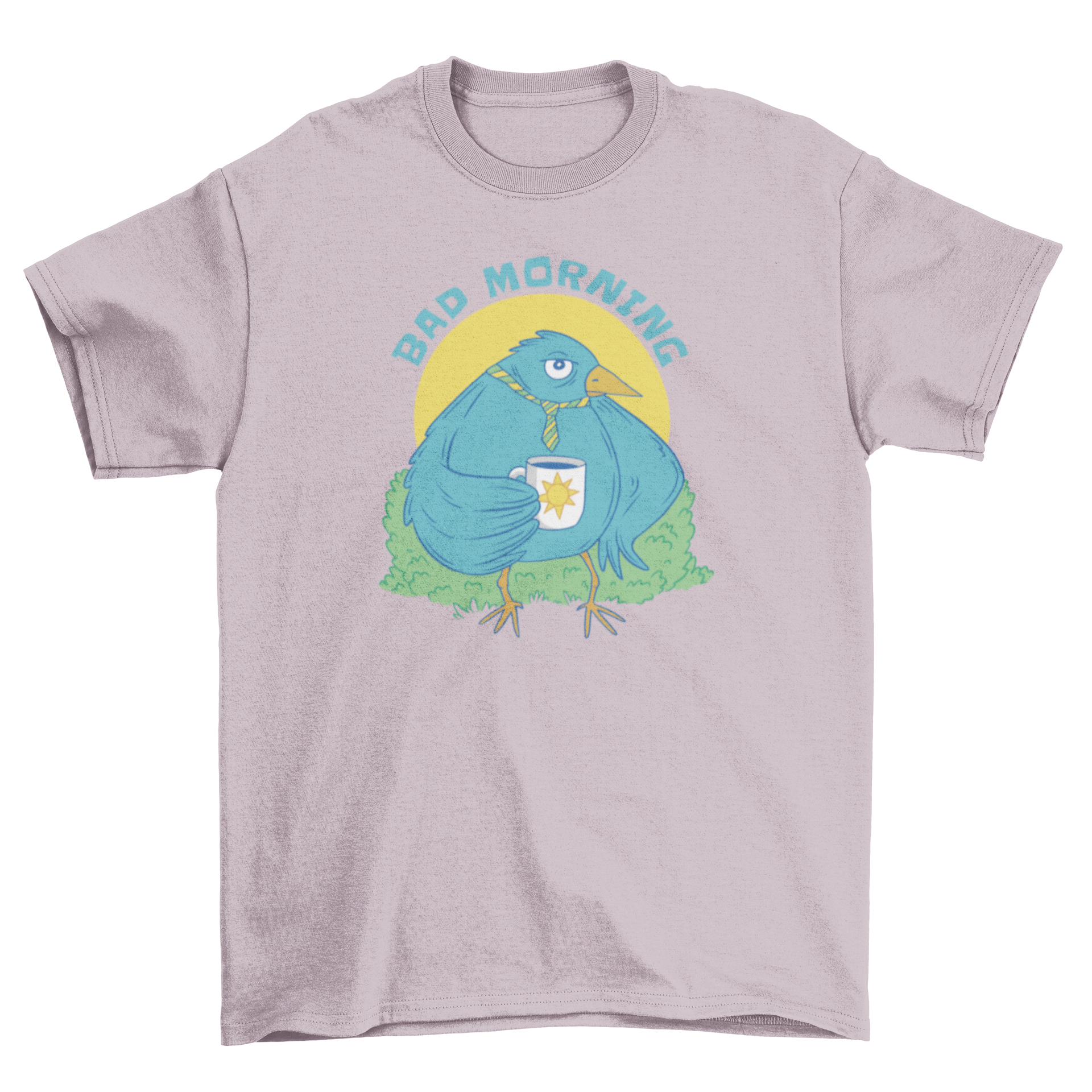 A stylish t-shirt featuring a cute bird holding a coffee mug with the quote 'Bad morning' printed on it.