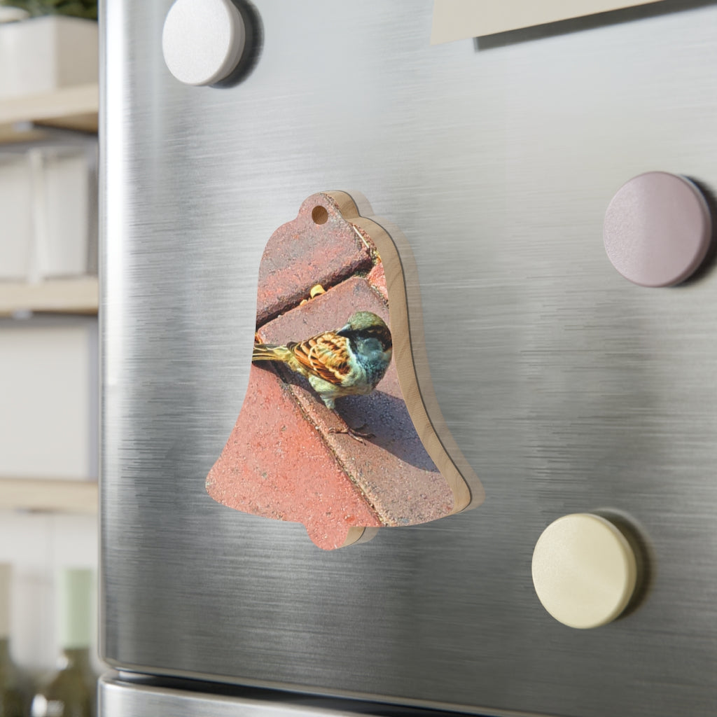 A collection of Bird Wooden Christmas Ornaments in various whimsical shapes, featuring a rustic wood finish and red ribbons for hanging.