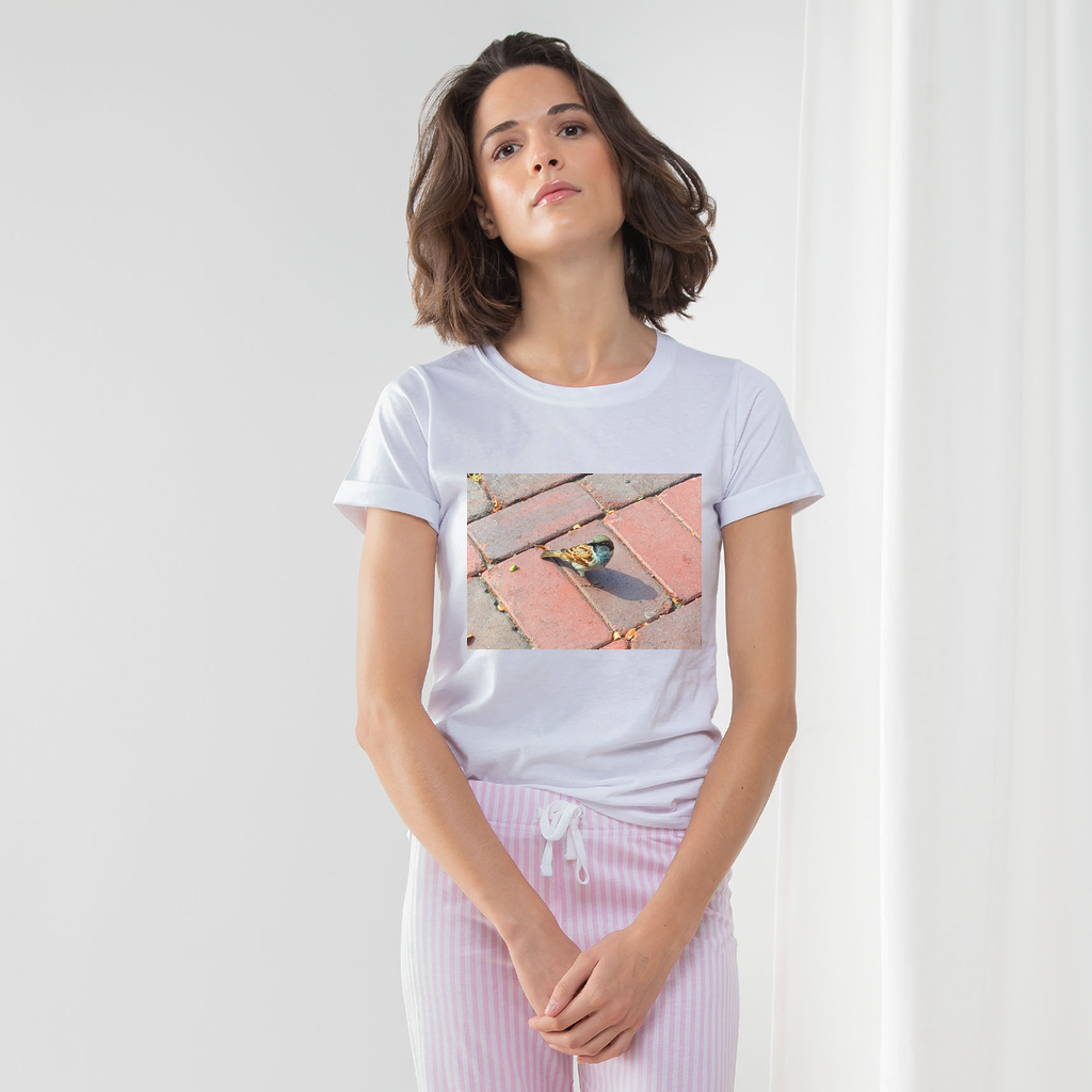 Bird Women's Long Pant Pyjama Set featuring a white t-shirt, heather grey and light pink striped pants, and a matching drawcord bag.