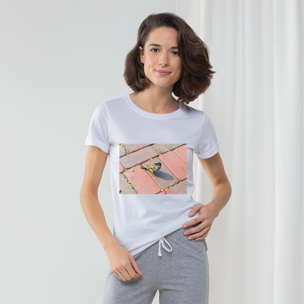 Bird Women's Long Pant Pyjama Set featuring a white t-shirt, heather grey and light pink striped pants, and a matching drawcord bag.