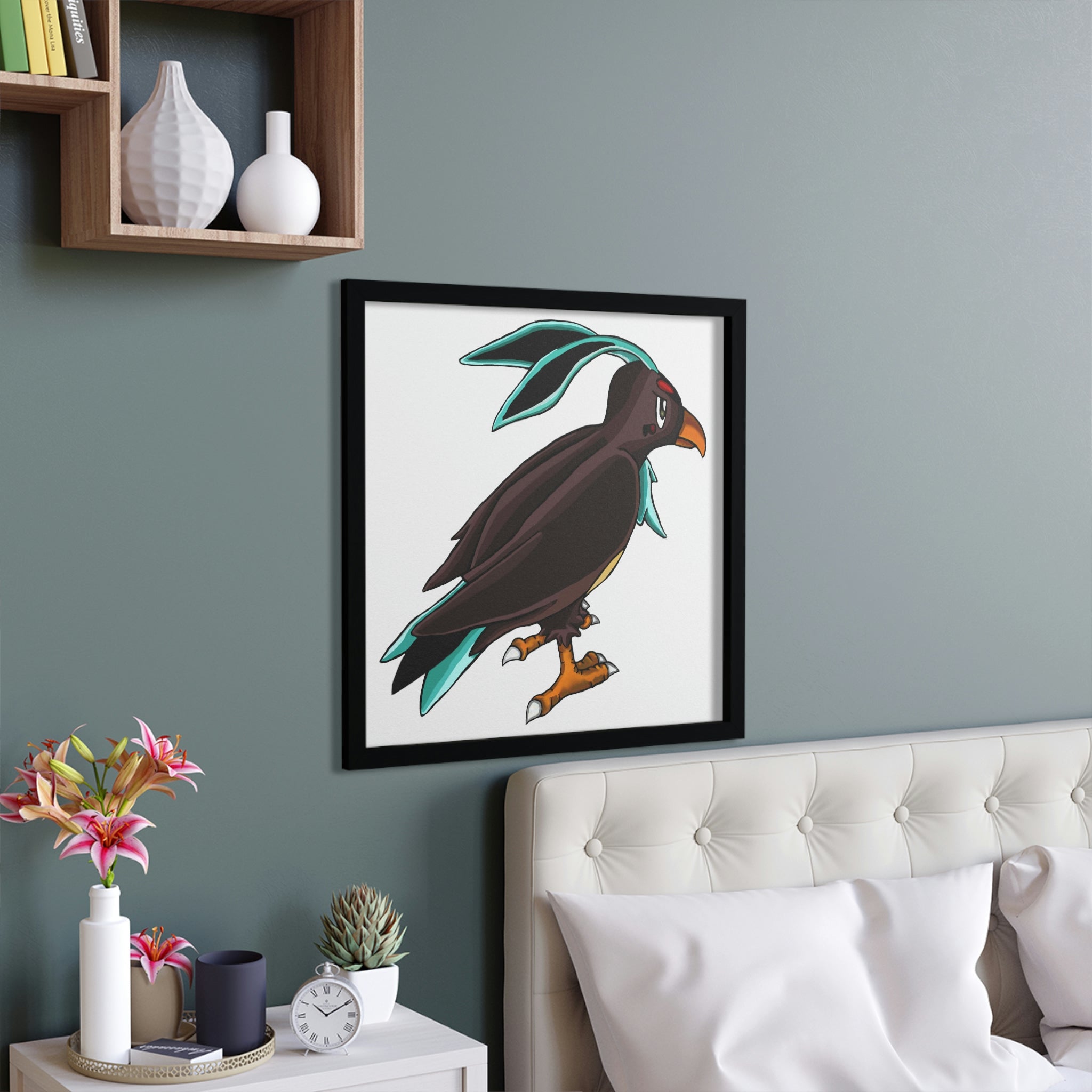 Birdam Framed Poster featuring a hand-crafted wooden frame and vibrant artwork, perfect for home or office decor.