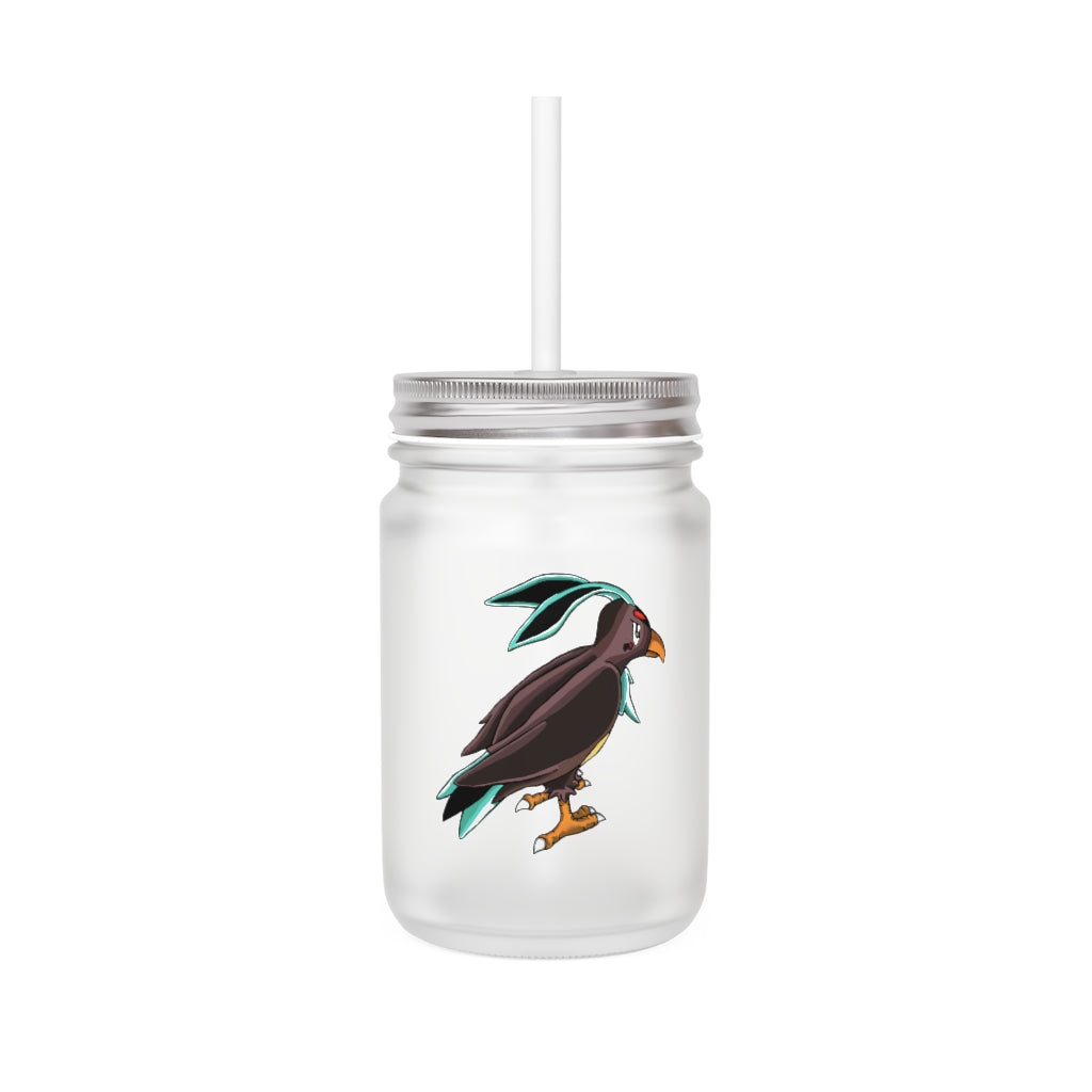 A personalized Birdam Mason Jar made of frosted glass, featuring a straw and lid, perfect for drinks.