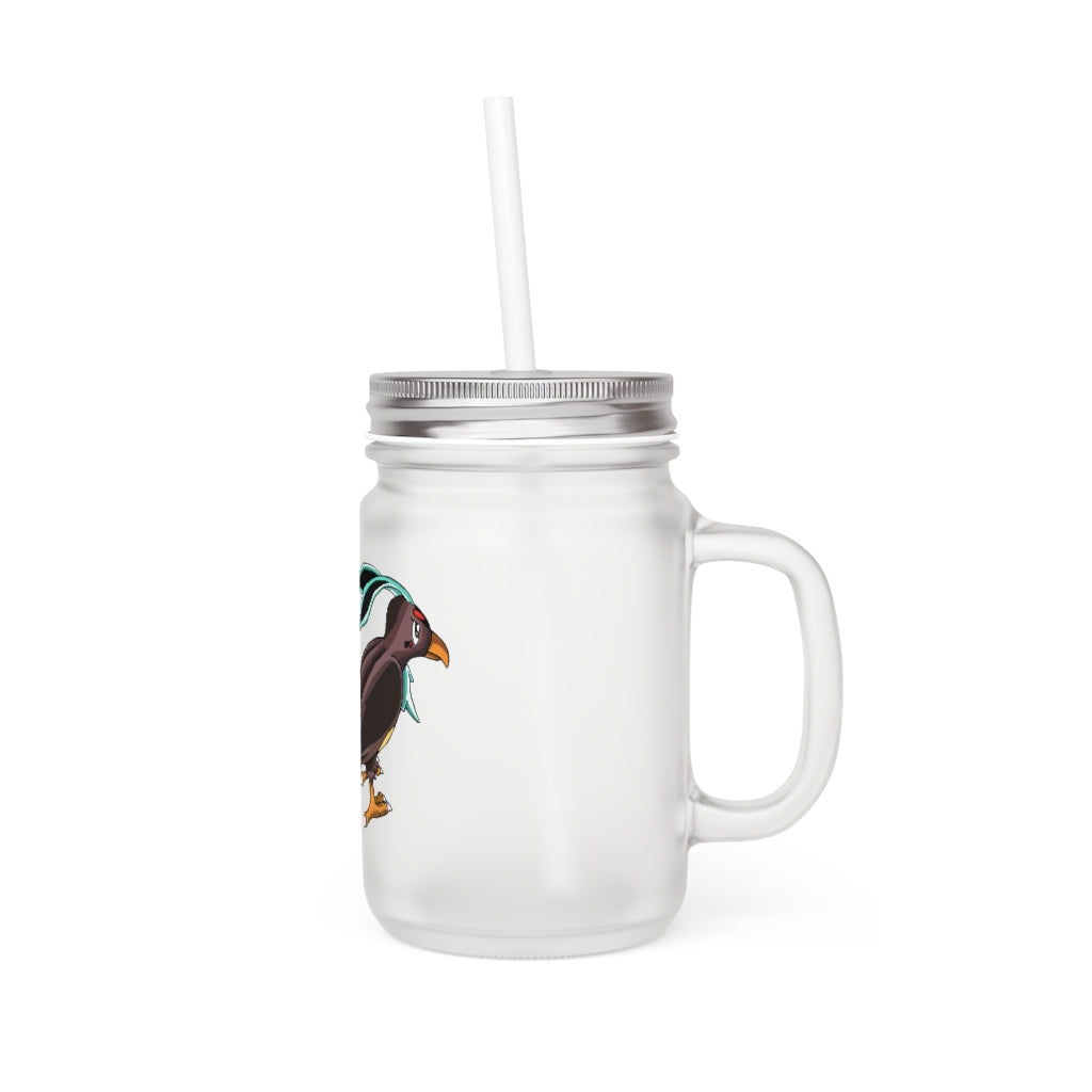 A personalized Birdam Mason Jar made of frosted glass, featuring a straw and lid, perfect for drinks.