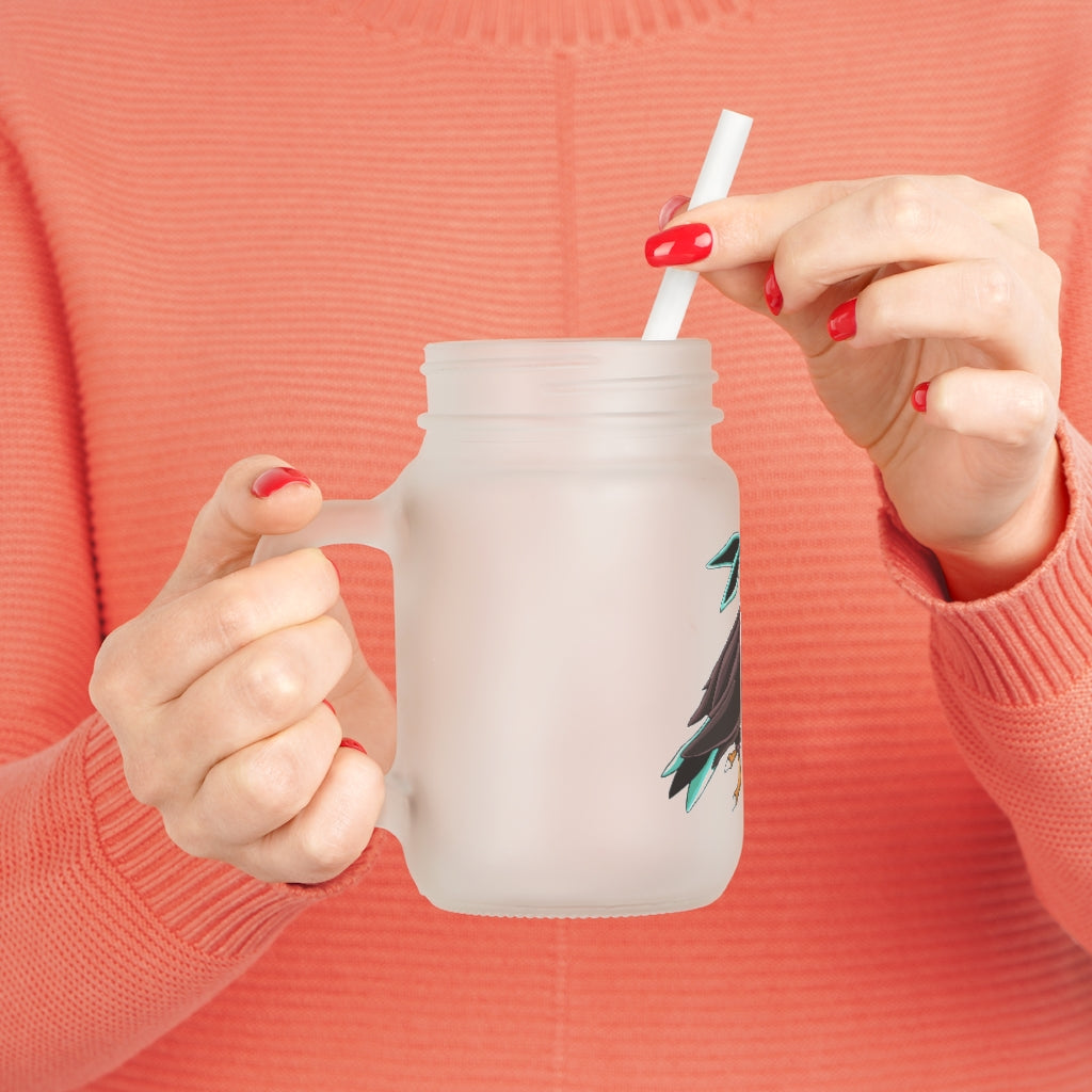 A personalized Birdam Mason Jar made of frosted glass, featuring a straw and lid, perfect for drinks.