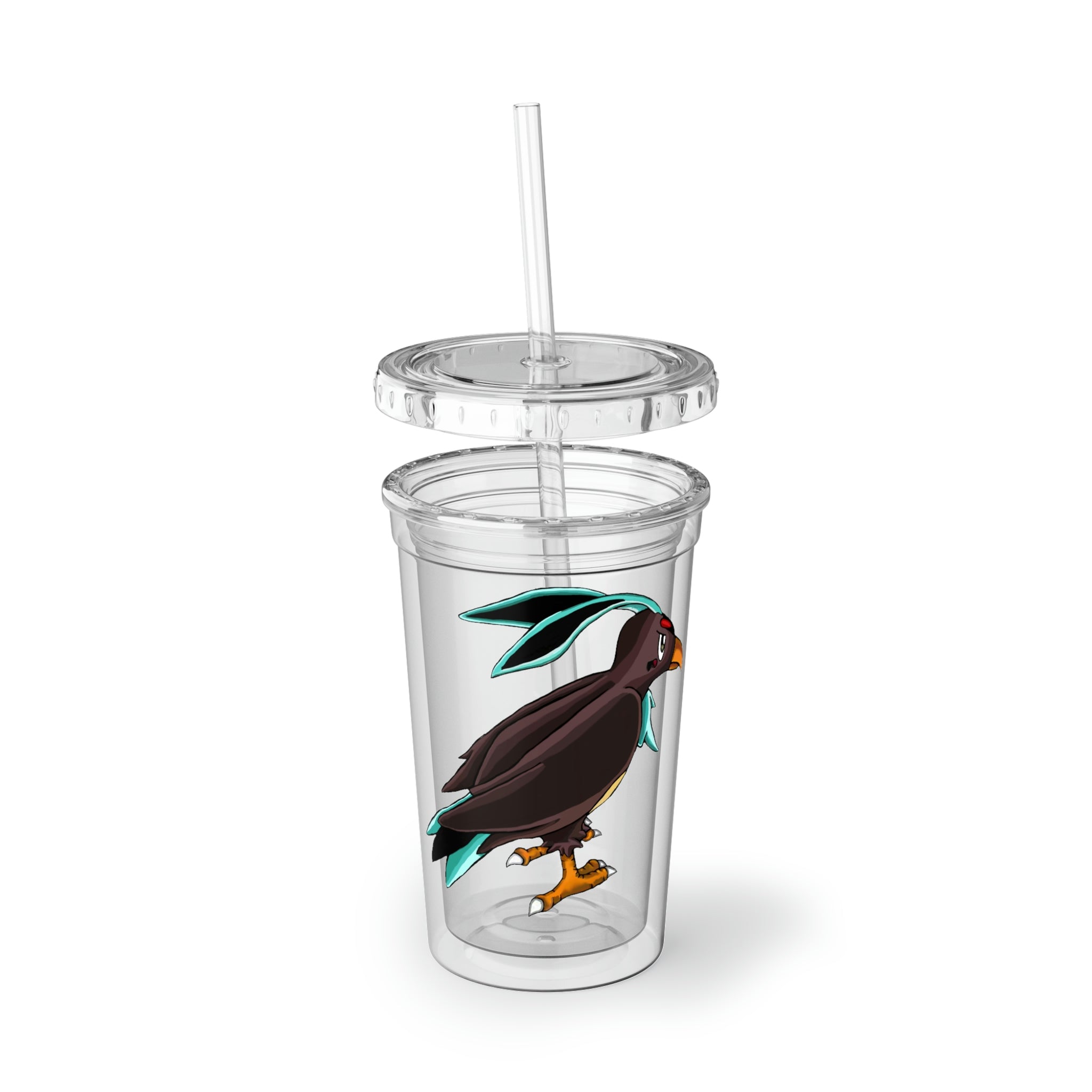 Birdam Suave Acrylic Cup in stainless steel with a black screw-on cap and a plastic straw, showcasing a customizable design.