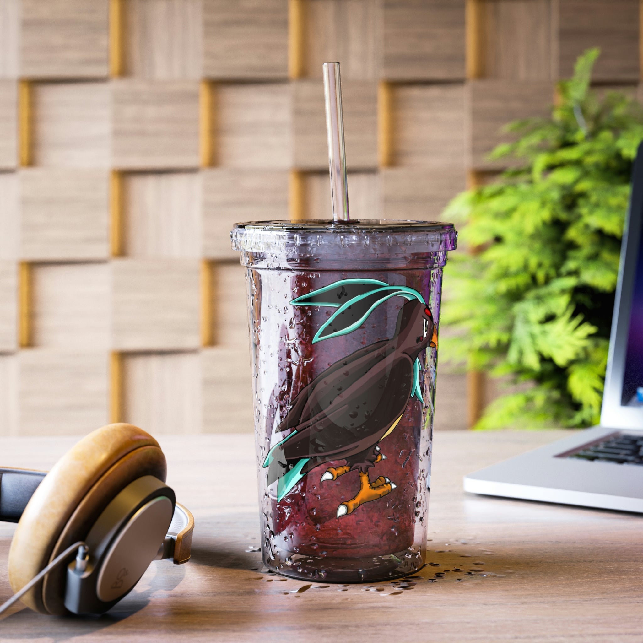 Birdam Suave Acrylic Cup in stainless steel with a black screw-on cap and a plastic straw, showcasing a customizable design.